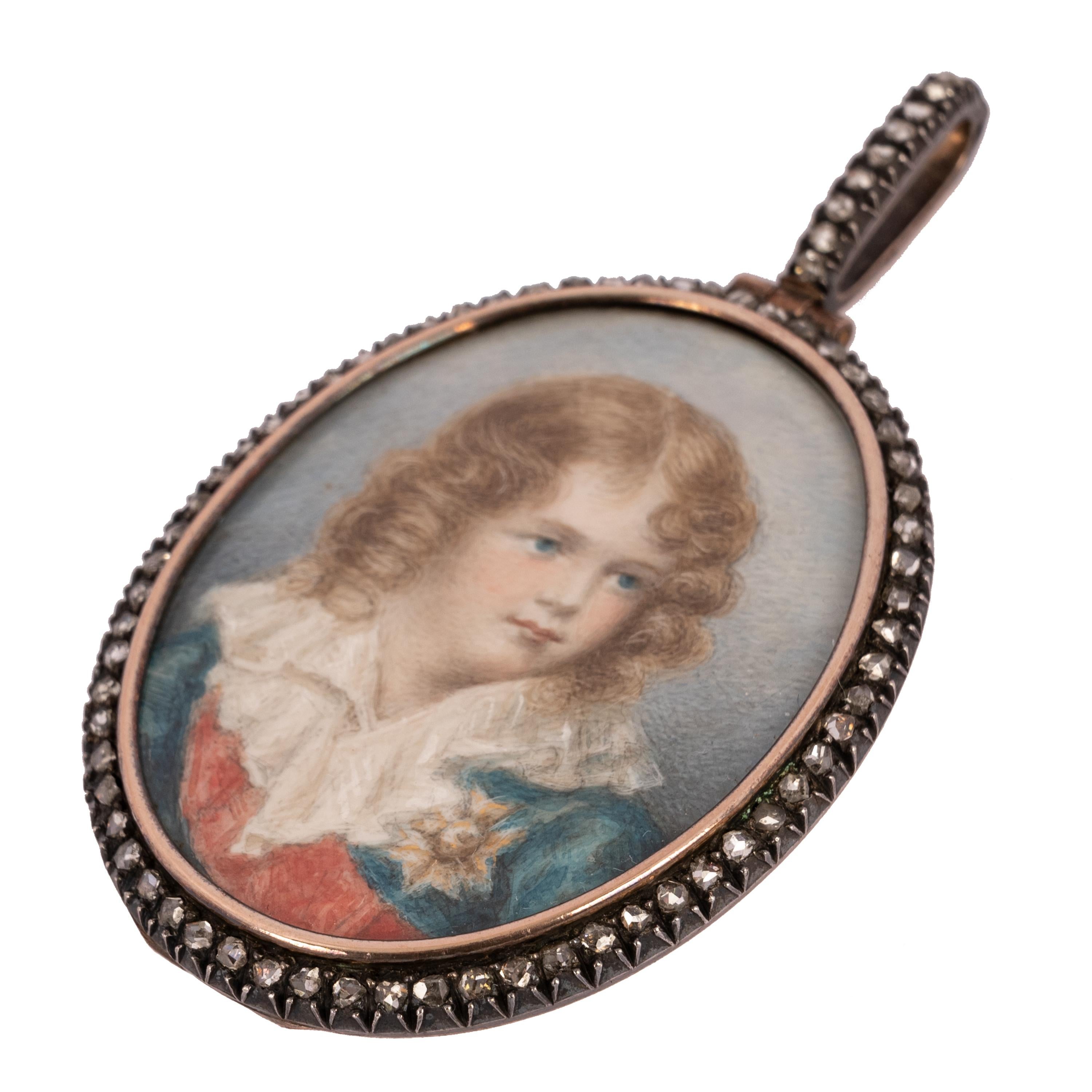 Français Antique French Portrait Miniature Painting Napoleon II 18k Gold Silver Diamonds en vente