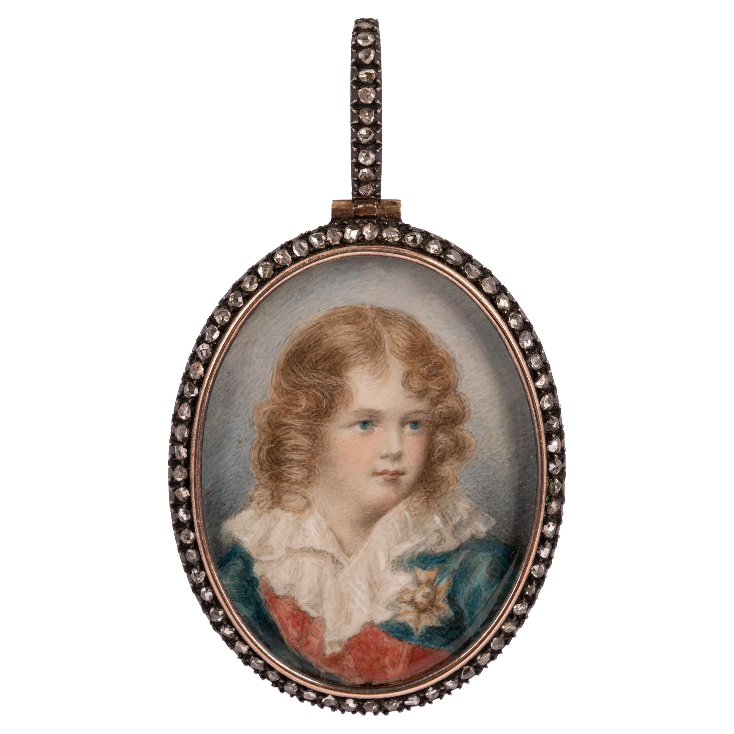 Antique French Portrait Miniature Painting Napoleon II 18k Gold Silver Diamonds For Sale