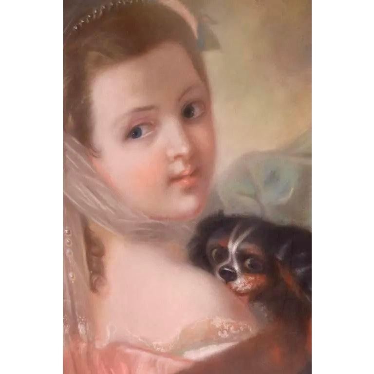 Antique French portrait pastel oil painting of girl & dog.

Additional information:
Materials: pastel
Color: blue
Period: 19th Century
Art Subjects: animals
Styles: French
Frame Type: framed
Item Type: vintage, antique or