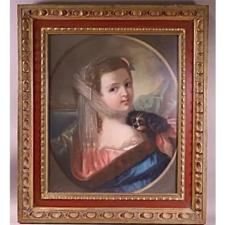 Wood Antique French Portrait Pastel Oil Painting of Girl & Dog, 19th Century For Sale