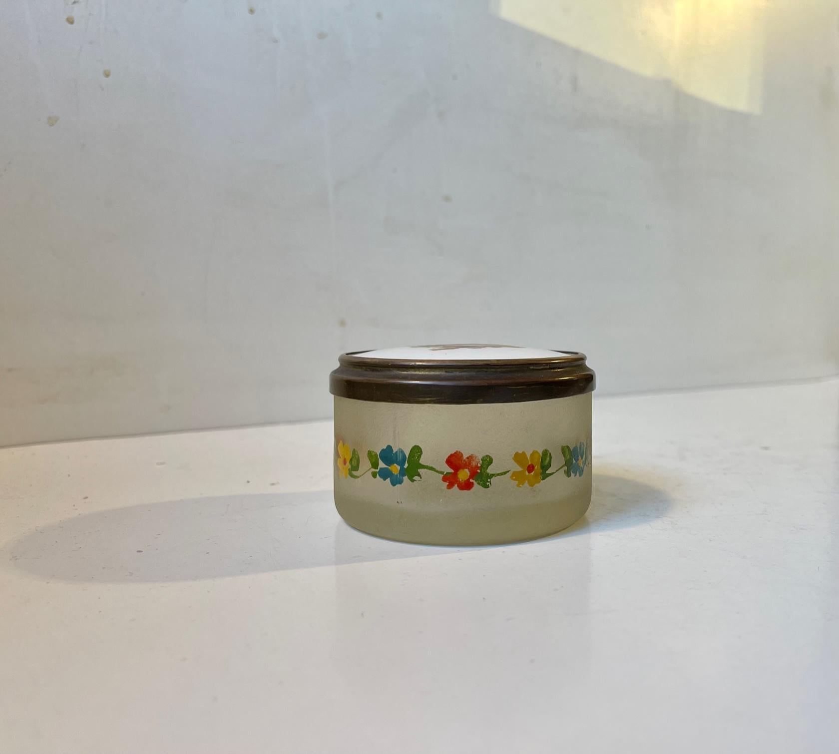 Late Victorian Antique French Powder Trinket in Hand Painted Porcelain & Glass For Sale