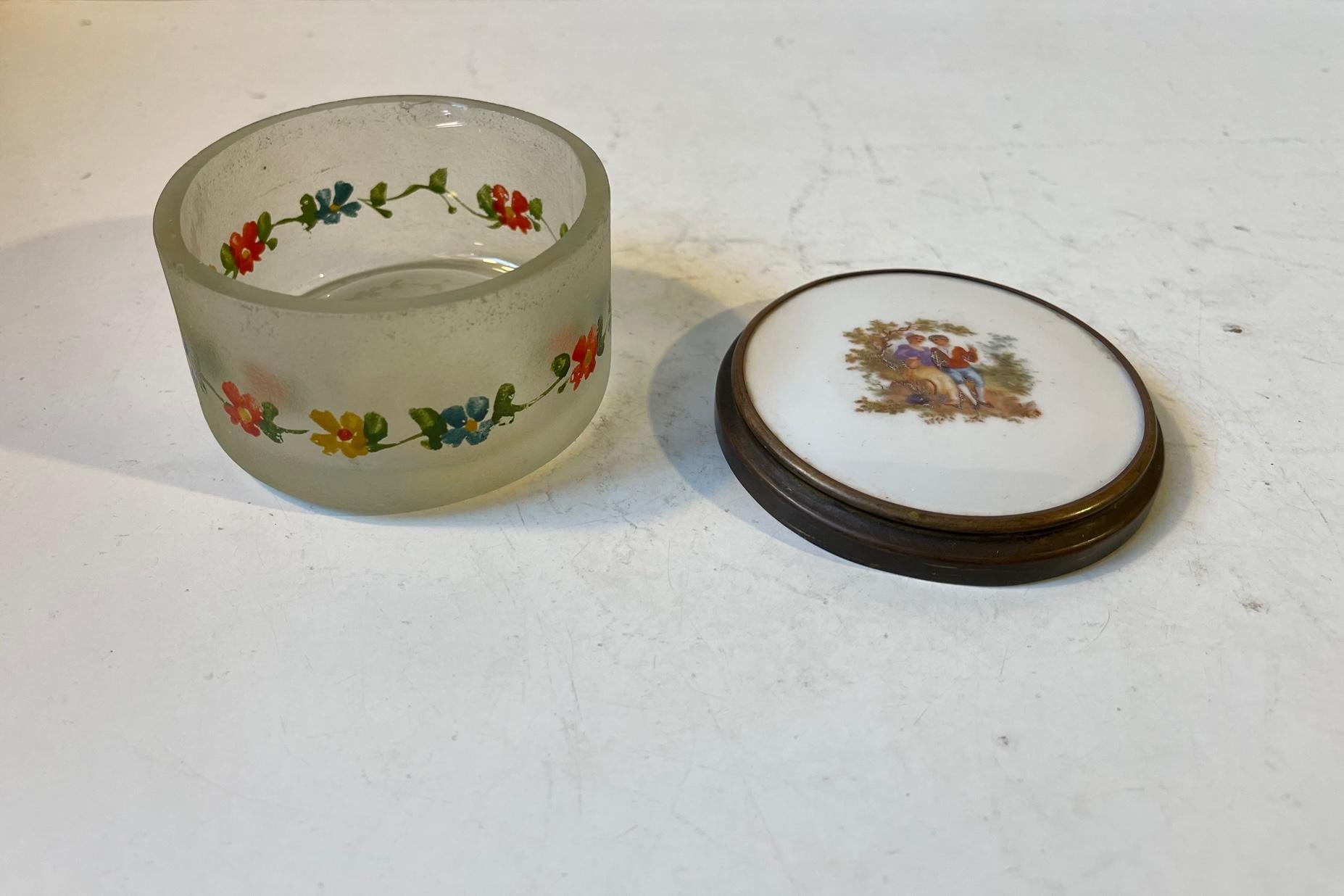 Hand-Painted Antique French Powder Trinket in Hand Painted Porcelain & Glass For Sale