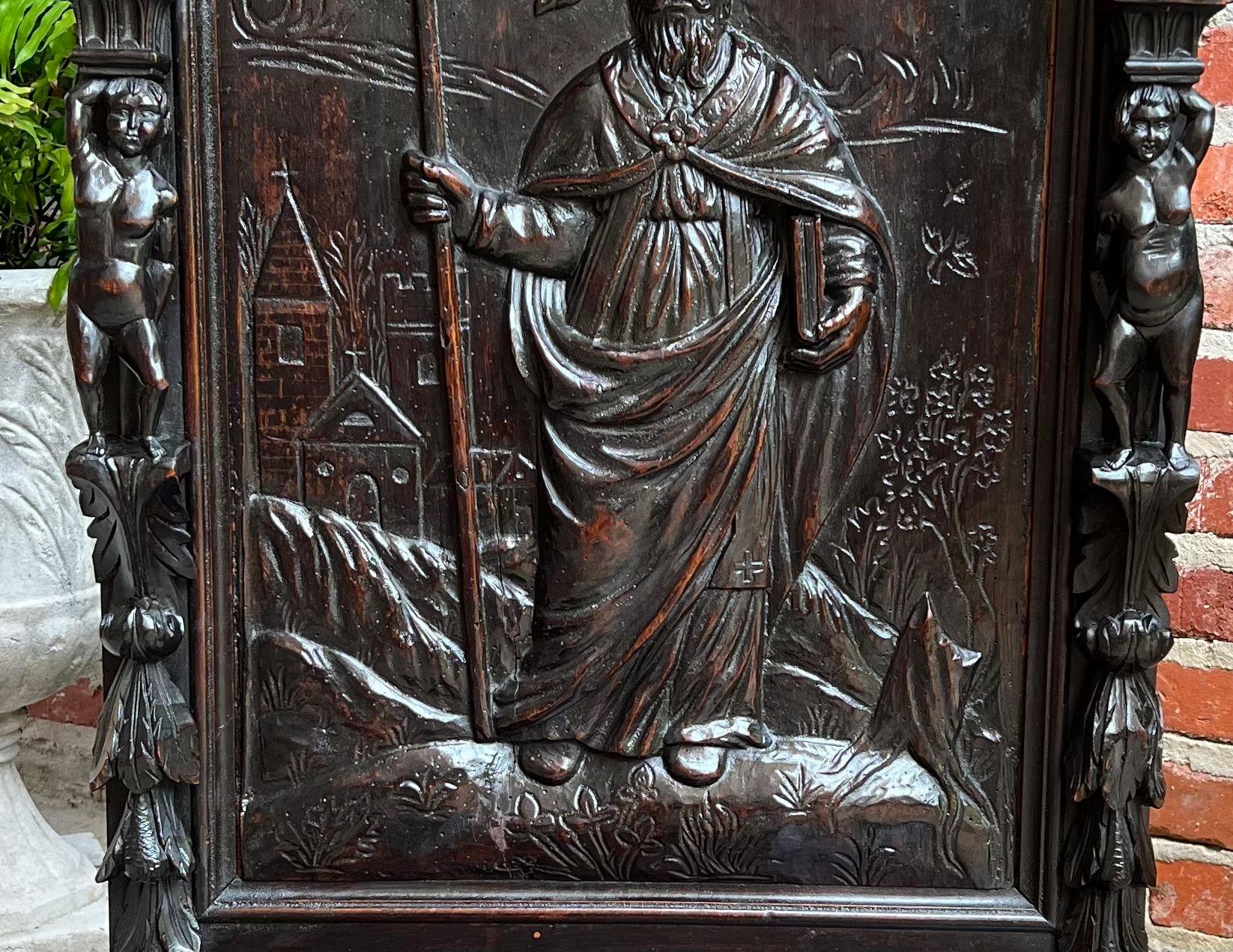Antique French Prayer Kneeler St. Gregory Cross Catholic Chapel Carved Oak c1880 In Good Condition In Shreveport, LA