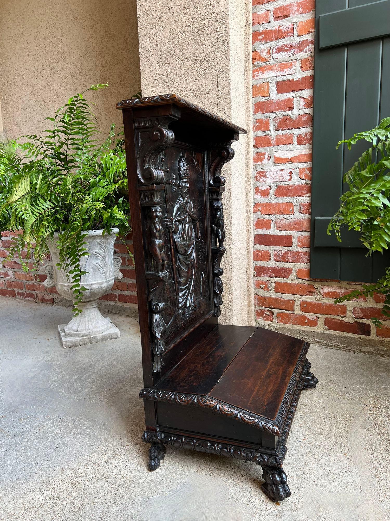 19th Century Antique French Prayer Kneeler St. Gregory Cross Catholic Chapel Carved Oak c1880