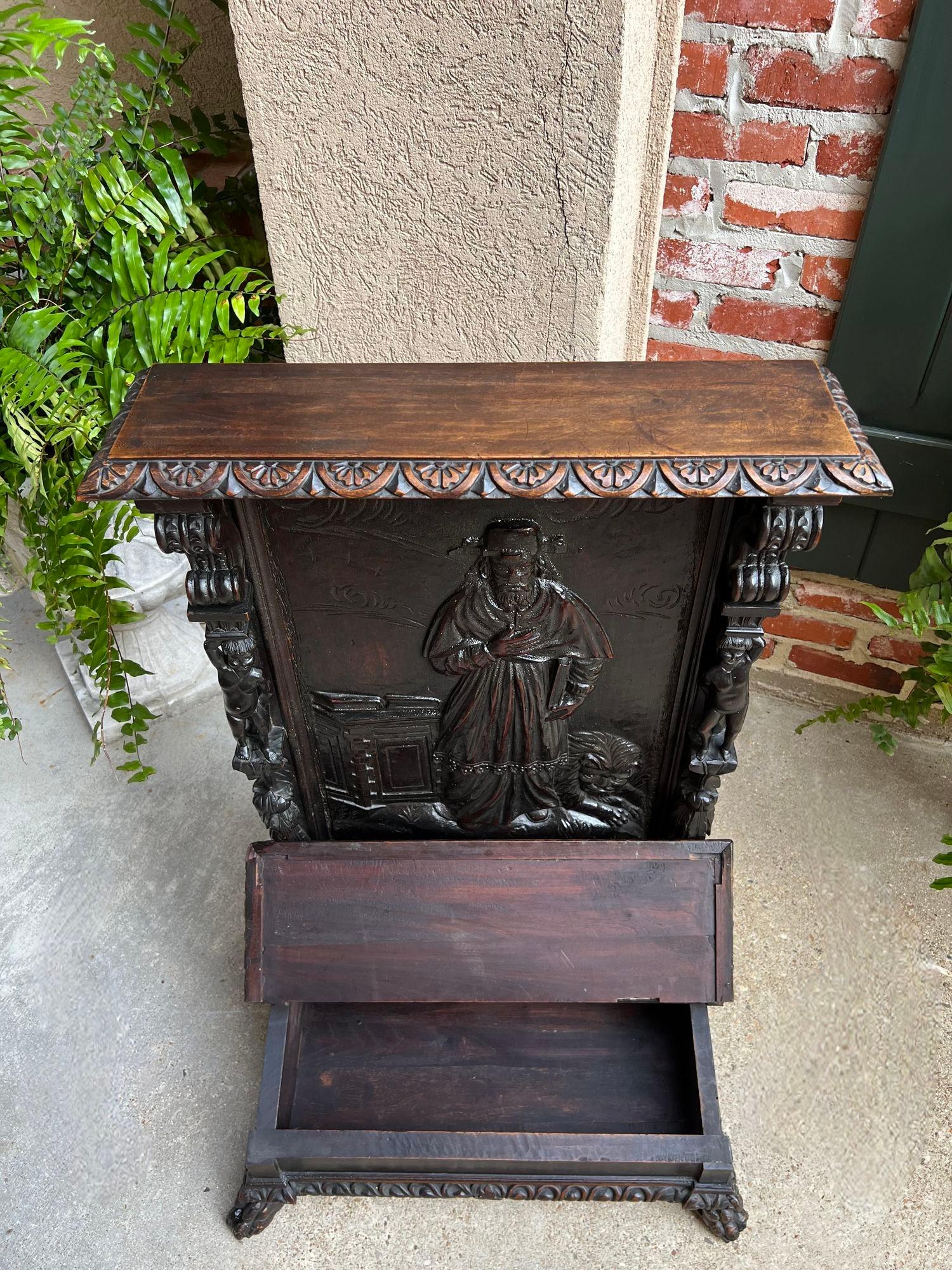 Antique French Prayer Kneeler St. Jerome Lion Catholic Chapel Carved Oak c1880 5