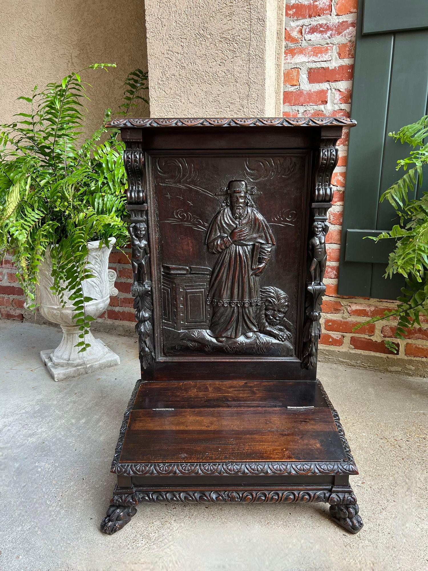 Antique French Prayer Kneeler St. Jerome Lion Catholic Chapel Carved Oak c1880 7