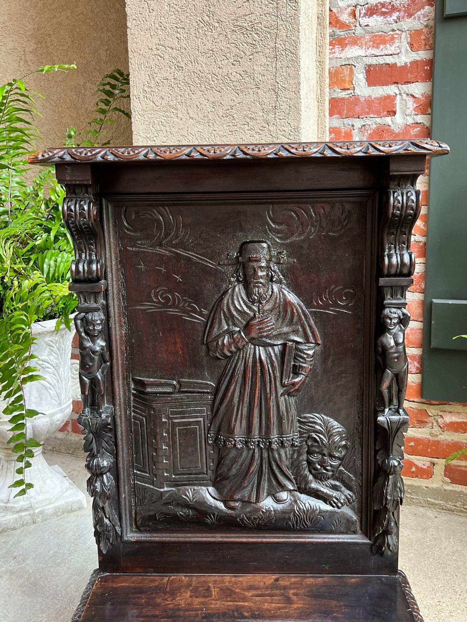 Antique French Prayer Kneeler St. Jerome Lion Catholic Chapel Carved Oak c1880 9