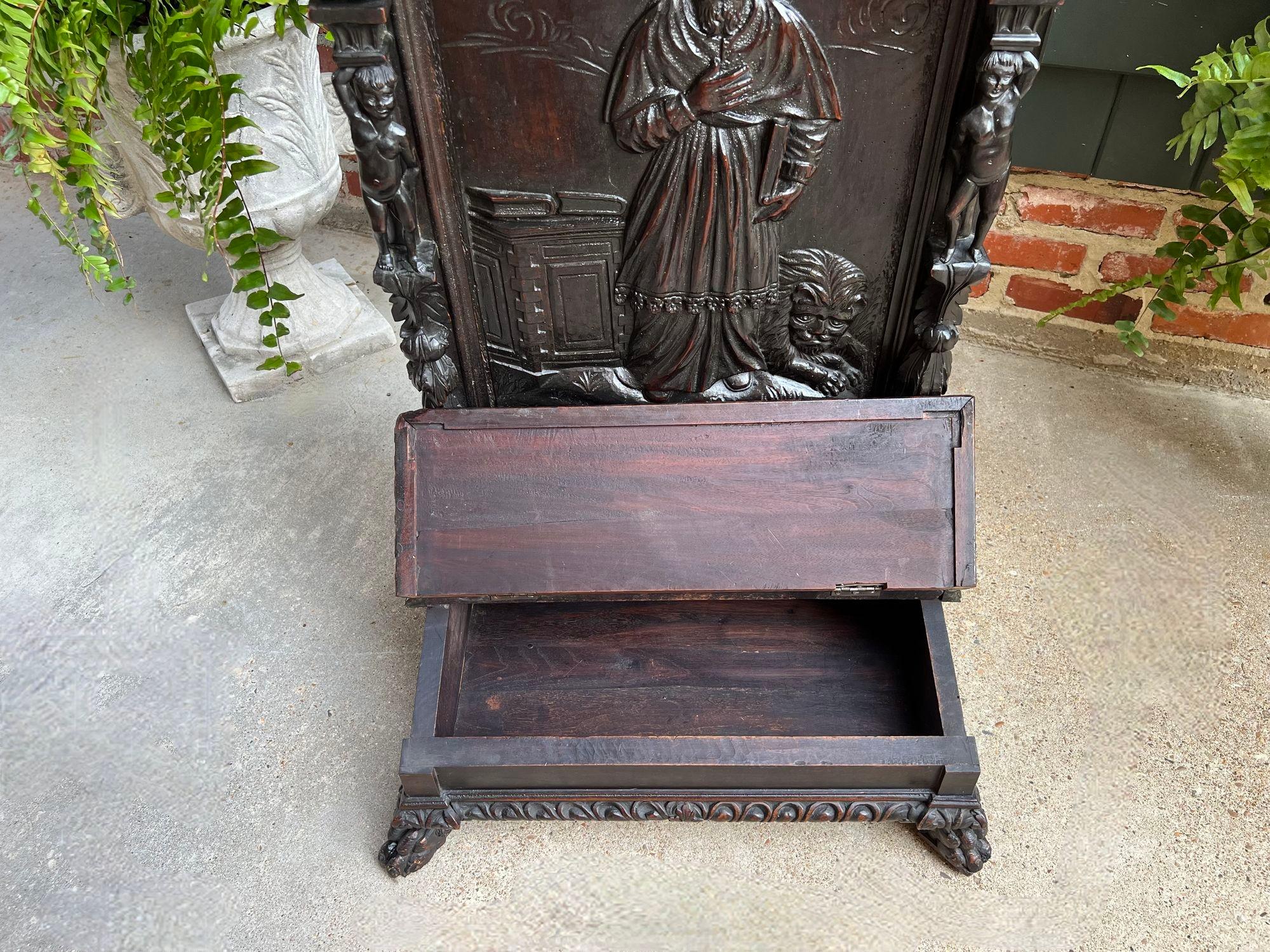Antique French Prayer Kneeler St. Jerome Lion Catholic Chapel Carved Oak c1880 14
