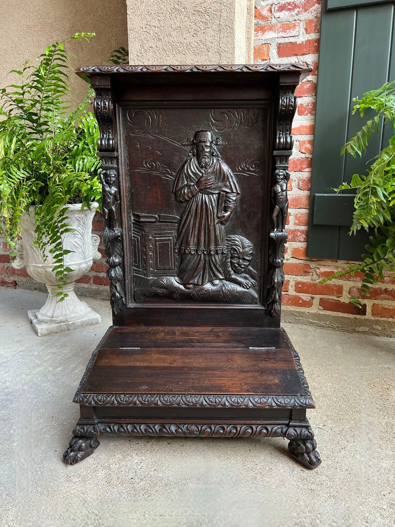 French Provincial Antique French Prayer Kneeler St. Jerome Lion Catholic Chapel Carved Oak c1880