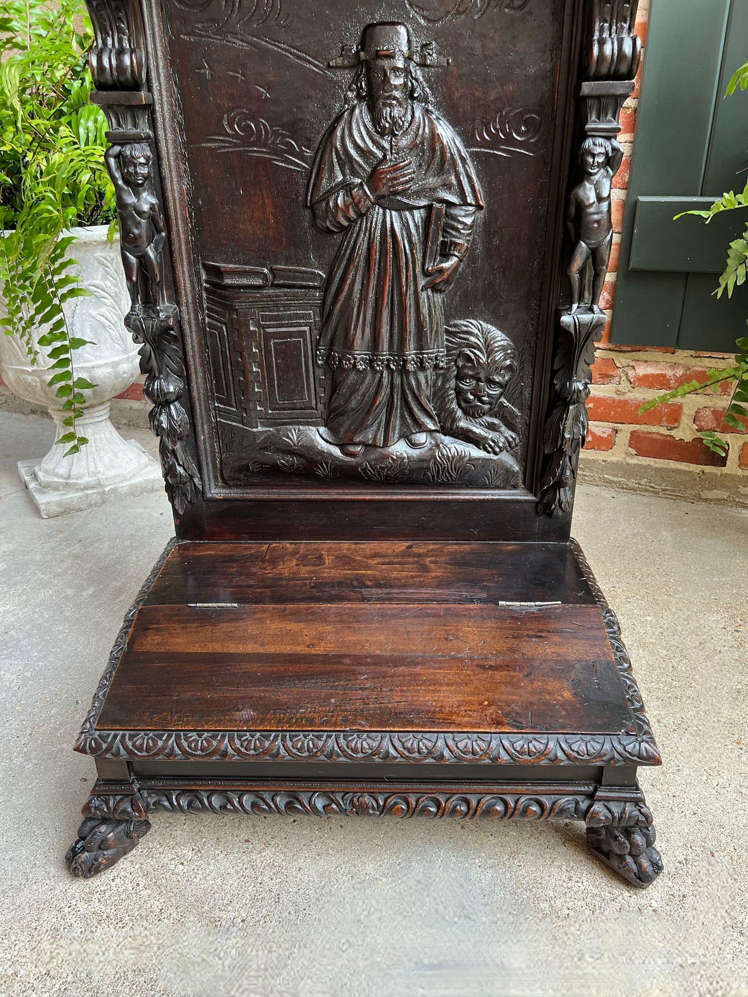19th Century Antique French Prayer Kneeler St. Jerome Lion Catholic Chapel Carved Oak c1880