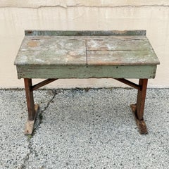 Antique French Primitive Rustic Green Distress Painted Flip Top Wood School Desk