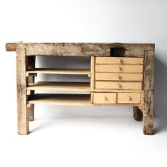 Antique French Primitive Work Table Shelving Unit With Drawers, 19th Century