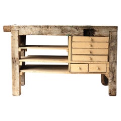 Antique French Primitive Work Table Shelving Unit With Drawers, 19th Century