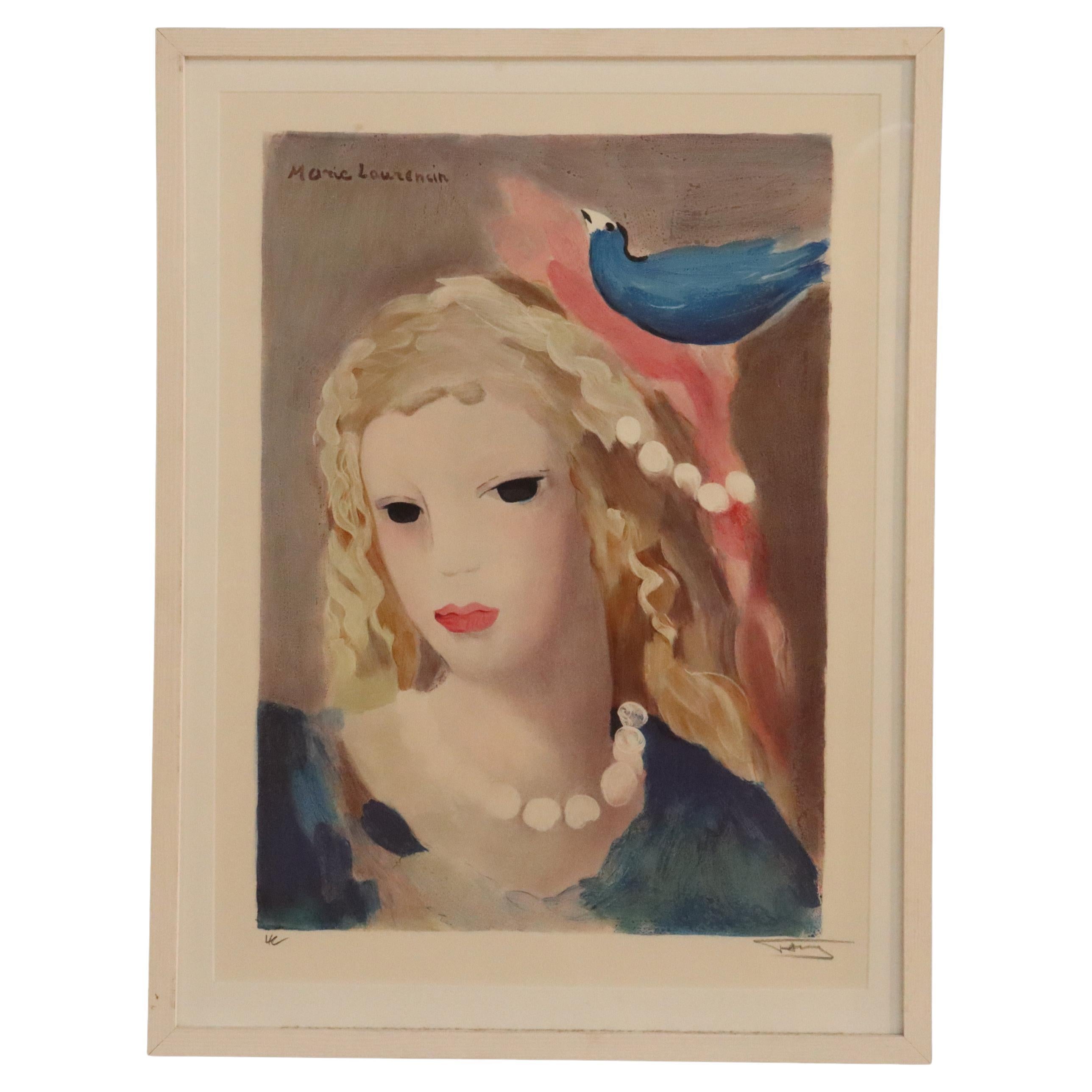 Estampa Antique French de Marie Laurencin "Femme A La Colombe" Firmada y Con Sello