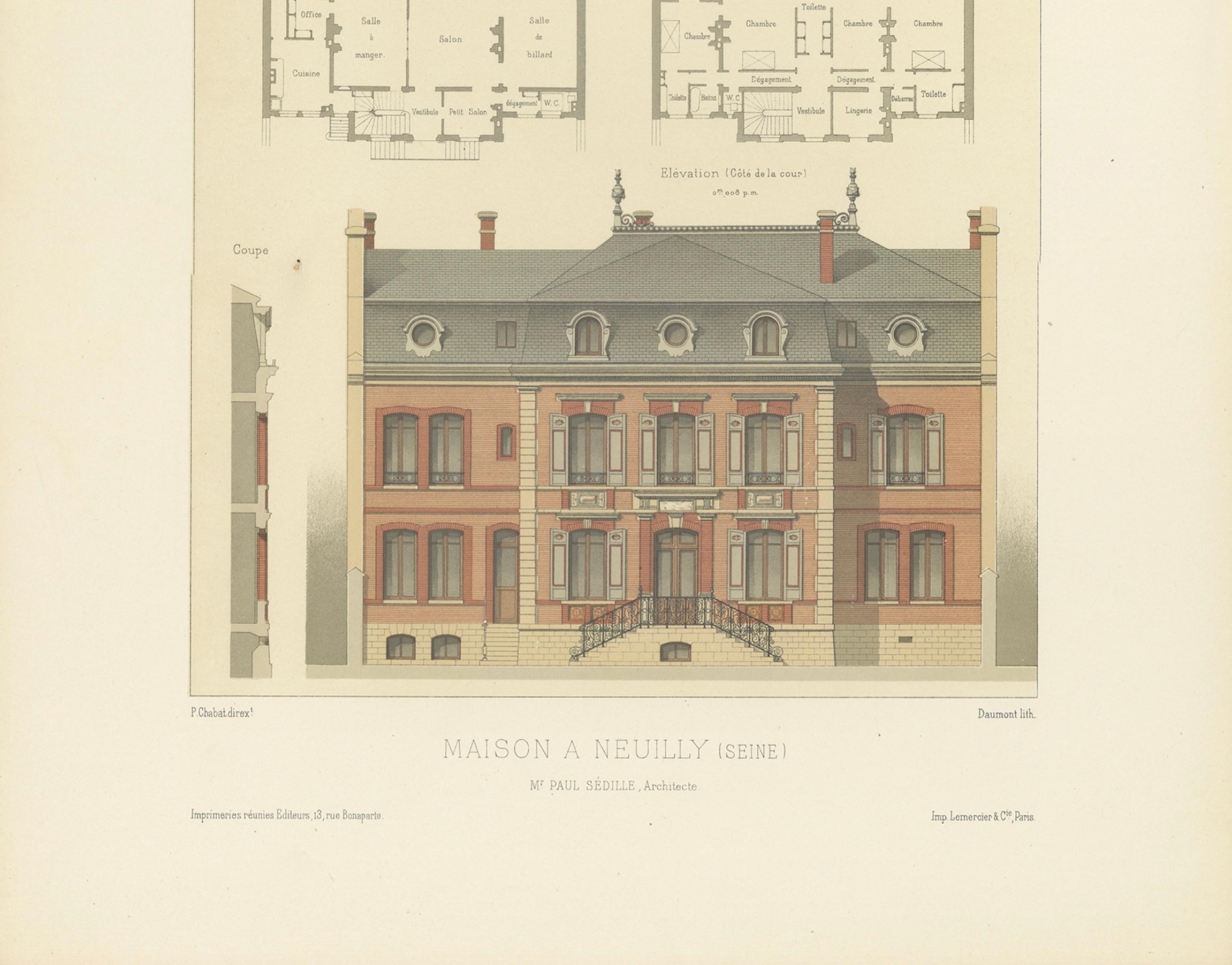 Paper Antique French Print Maison à Neuilly by Paul Sédille Architecte, Chabat c.1900 For Sale