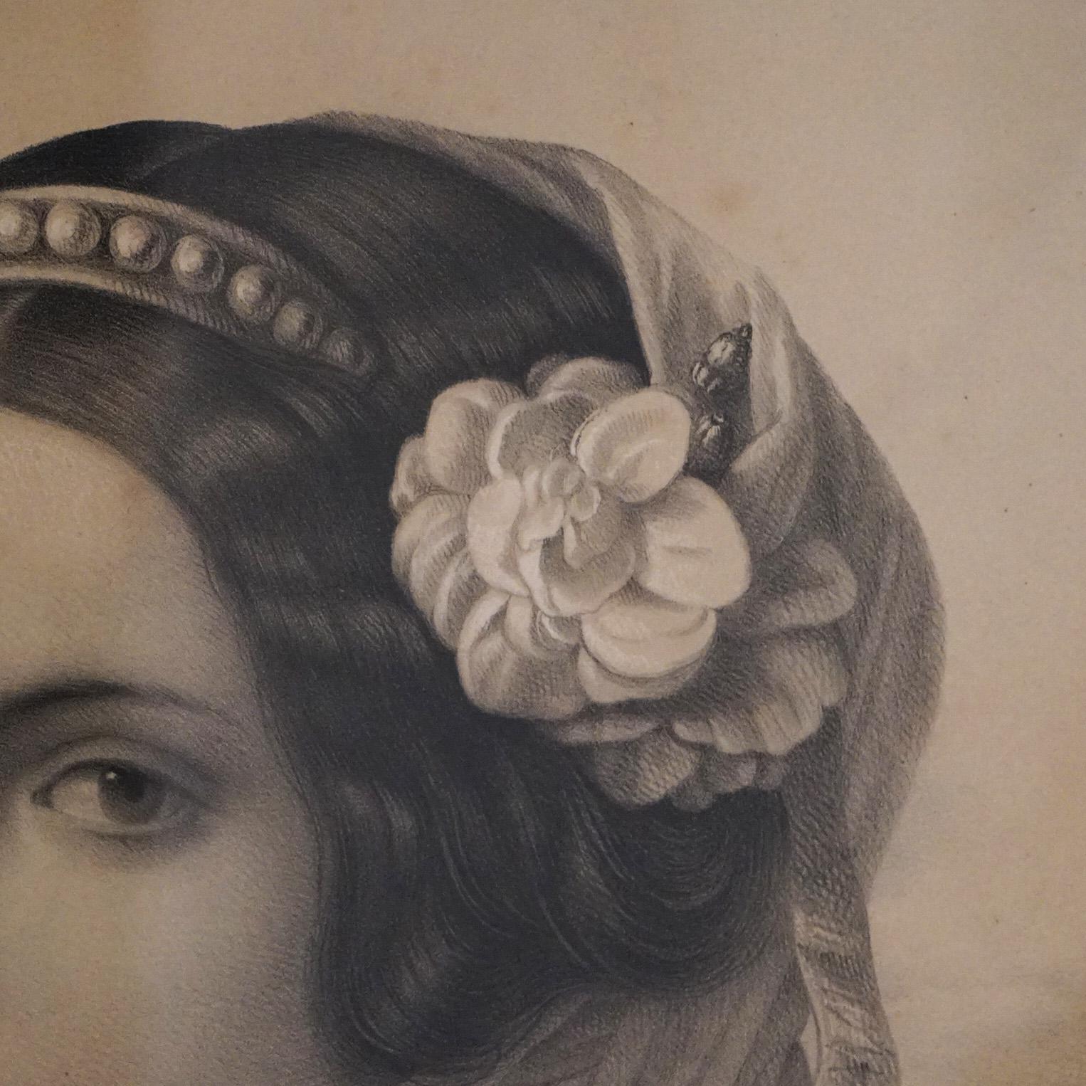 Antique French Print of a Maiden, Framed, C1890 In Good Condition For Sale In Big Flats, NY