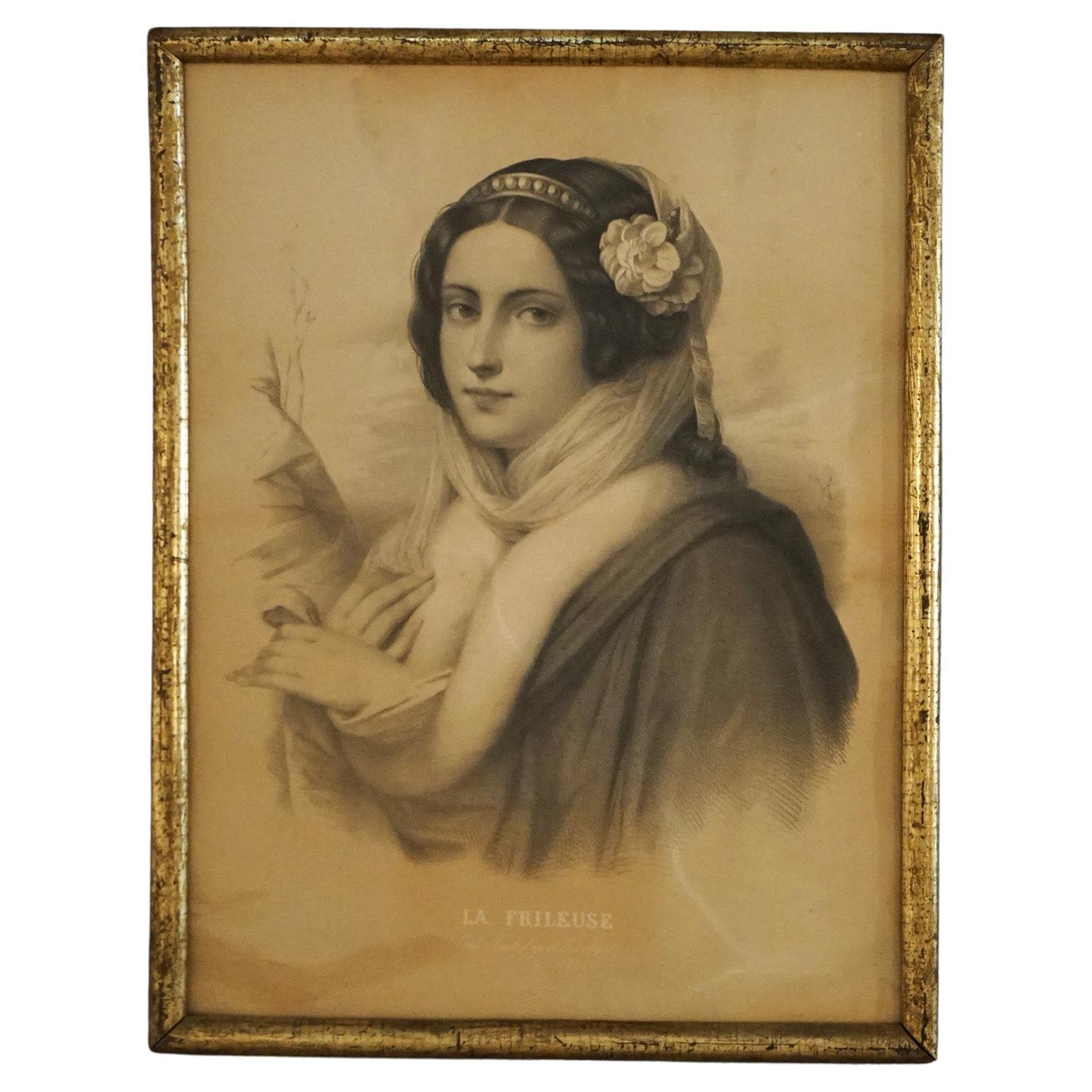 Antique French Print of a Maiden, Framed, C1890 For Sale