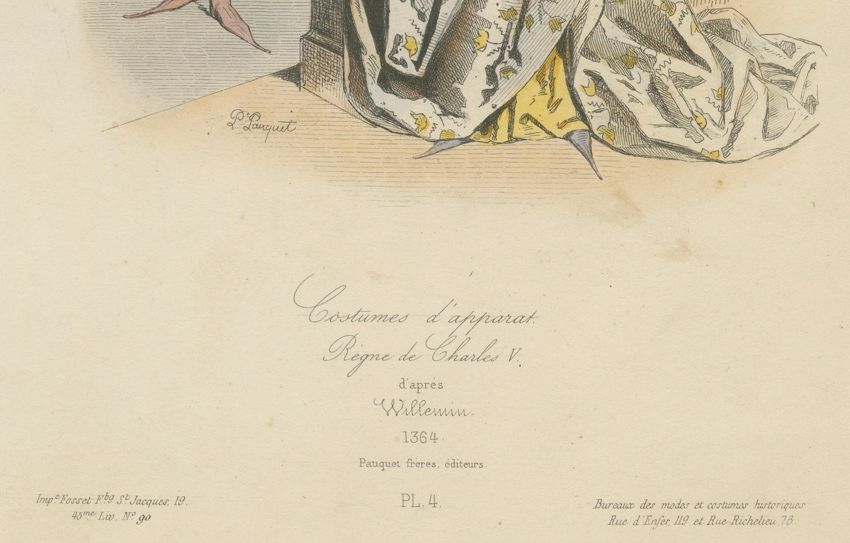 Antique French Druck der höfischen Mode, Herrschaft von Charles V, um 1860

Beschreibung: Dieser bezaubernde antike französische Kostümdruck mit dem Titel 