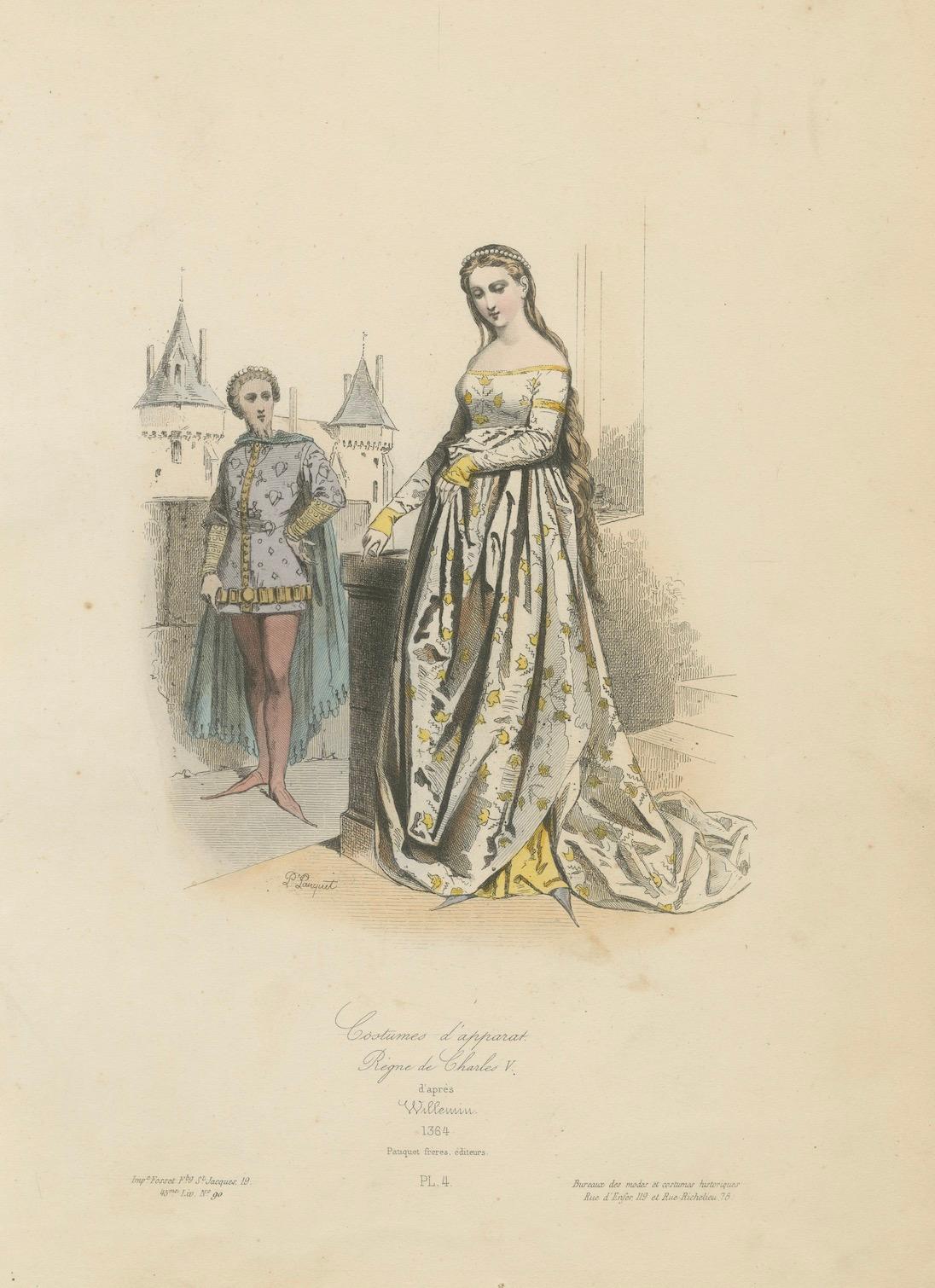 Antique French Druck der höfischen Mode, Herrschaft von Charles V, um 1860 im Angebot 1
