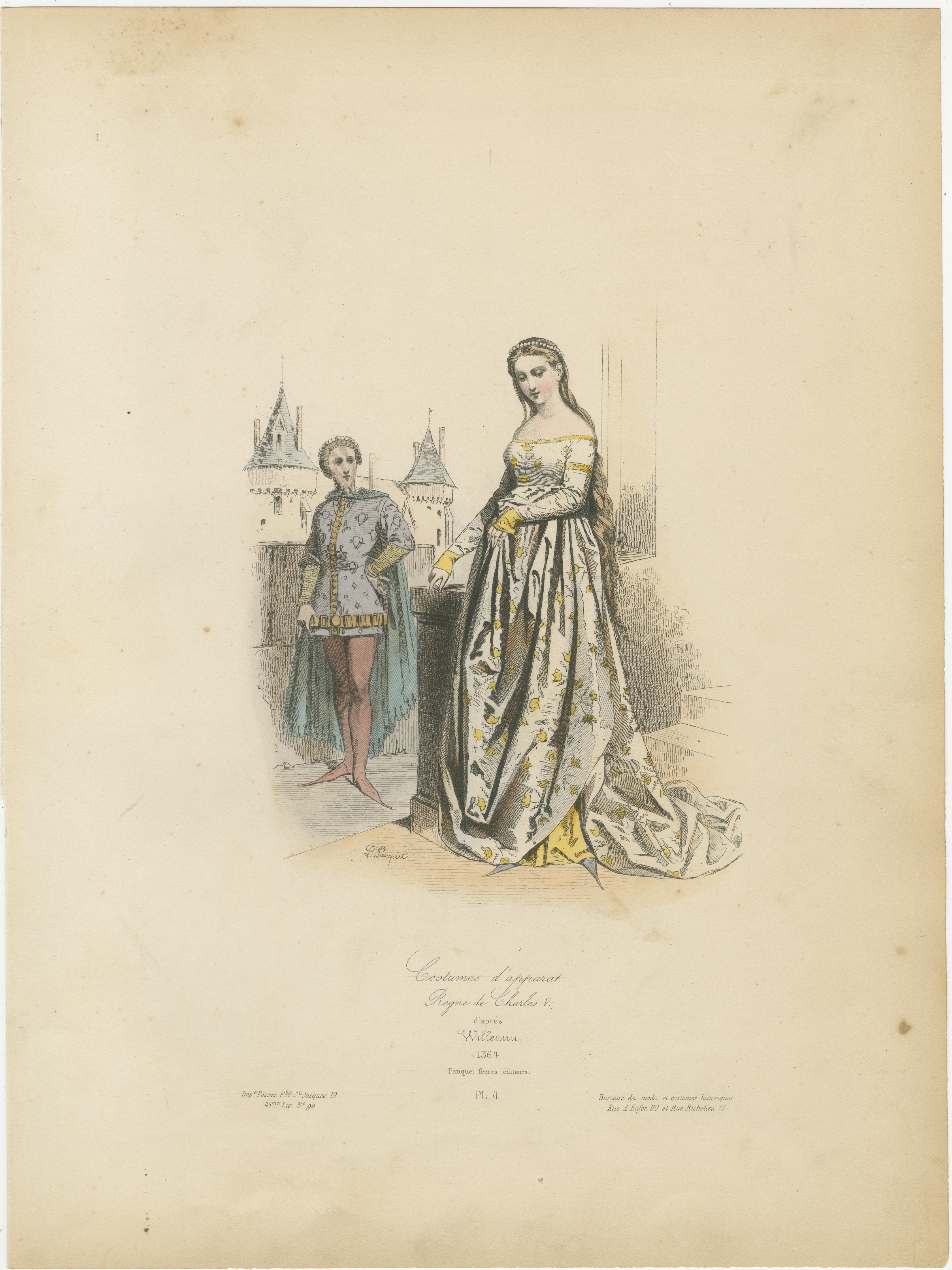 Antique French Druck der höfischen Mode, Herrschaft von Charles V, um 1860 im Angebot 2