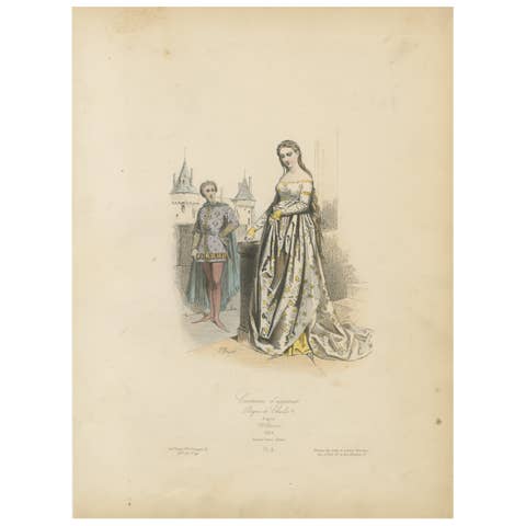 Antique French Print of Courtly Fashion, Reign of Charles V, circa 1860