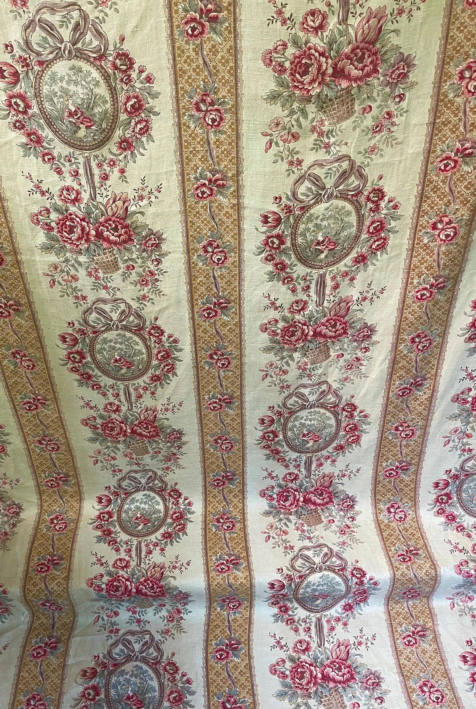 French Provincial Antique French Printed Cotton Toile Fabric For Sale