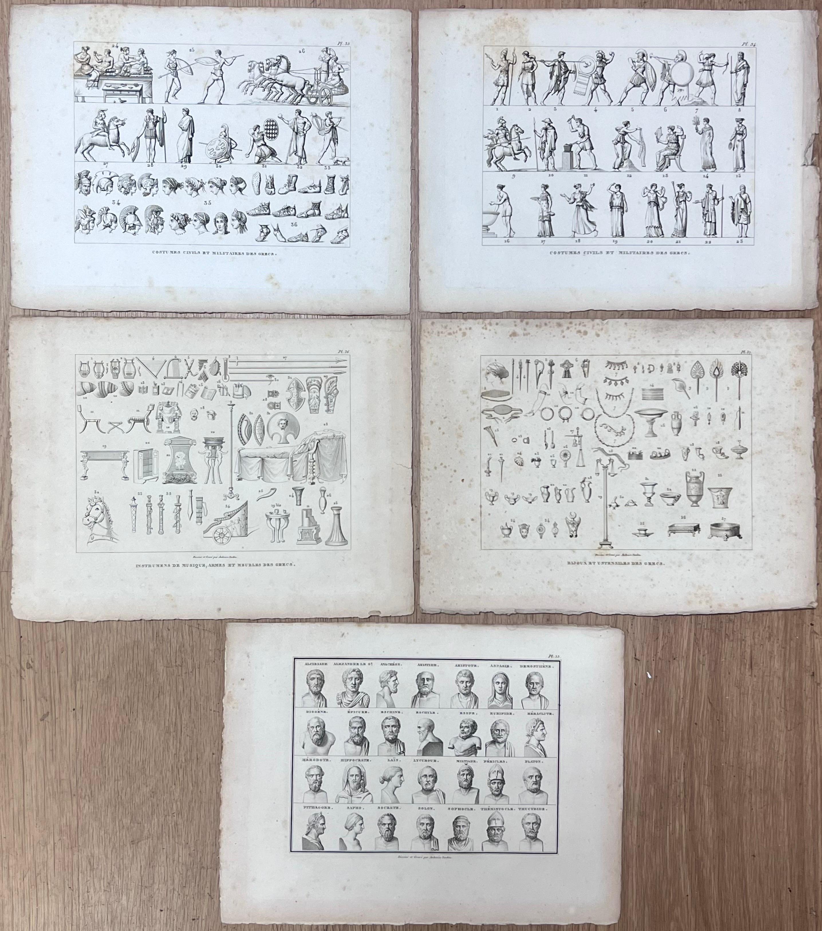 Ensemble de 5 gravures françaises anciennes, artefacts et figures romains anciens 