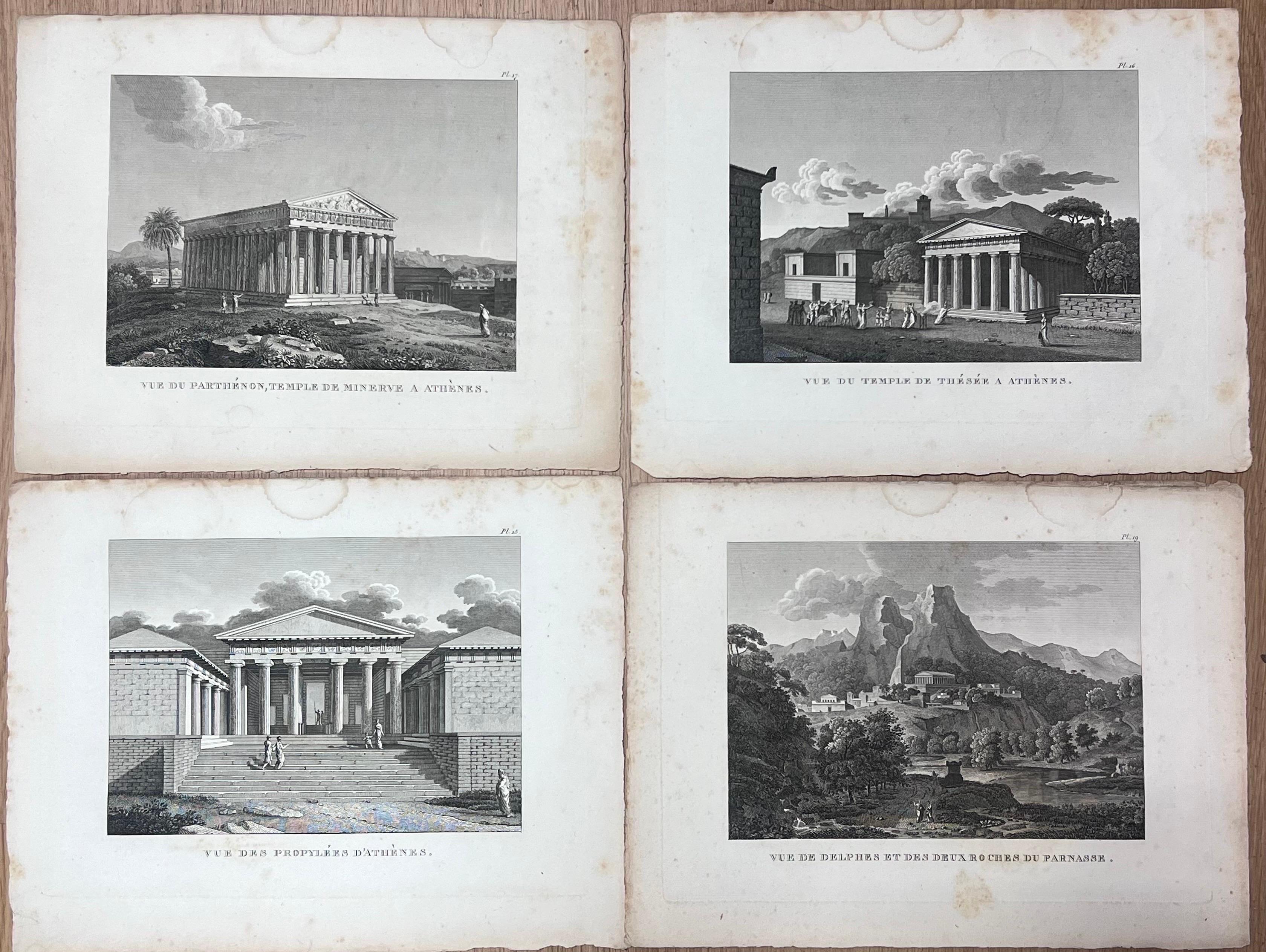 Ensemble de 4 monuments grecs anciens, Panthéon d'Athènes, gravures françaises anciennes