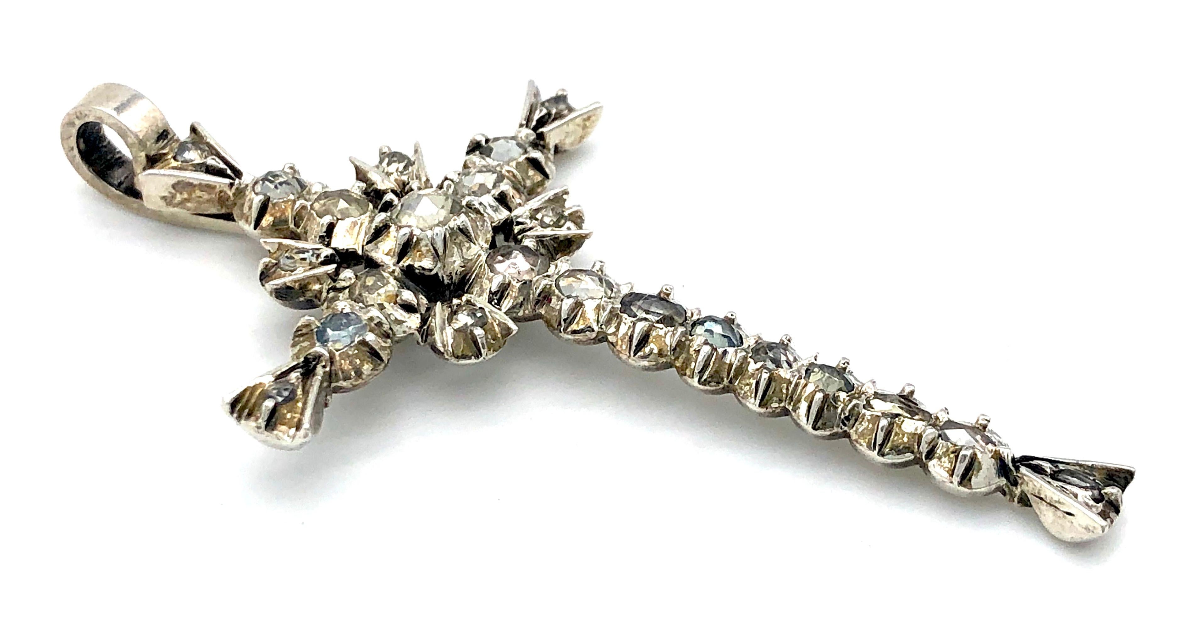 Stile impero Antique French Provençal Diamond Cross Pendant Silver in vendita