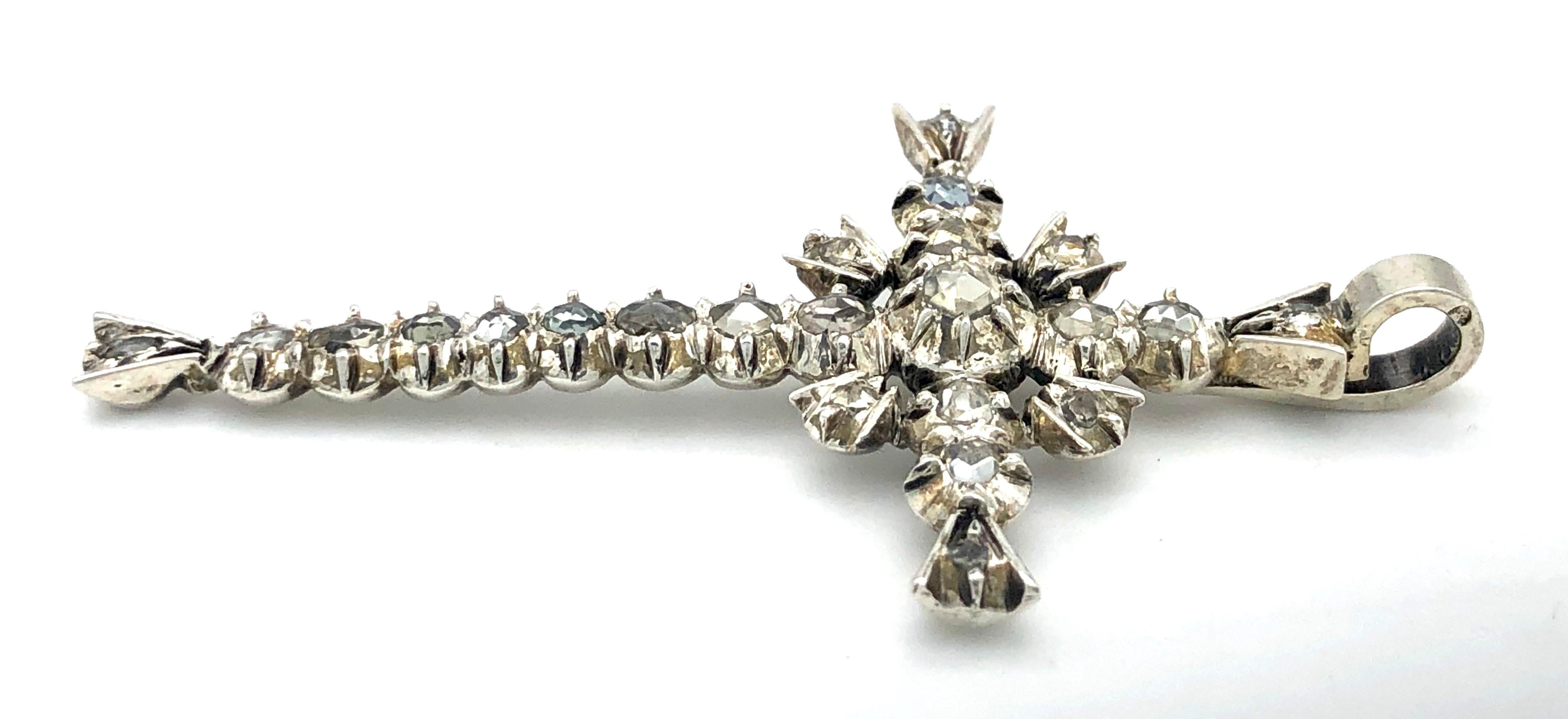 Antiker antiker französischer provenzalischer Diamant-Kreuz-Anhänger Silber (Rosenschliff) im Angebot