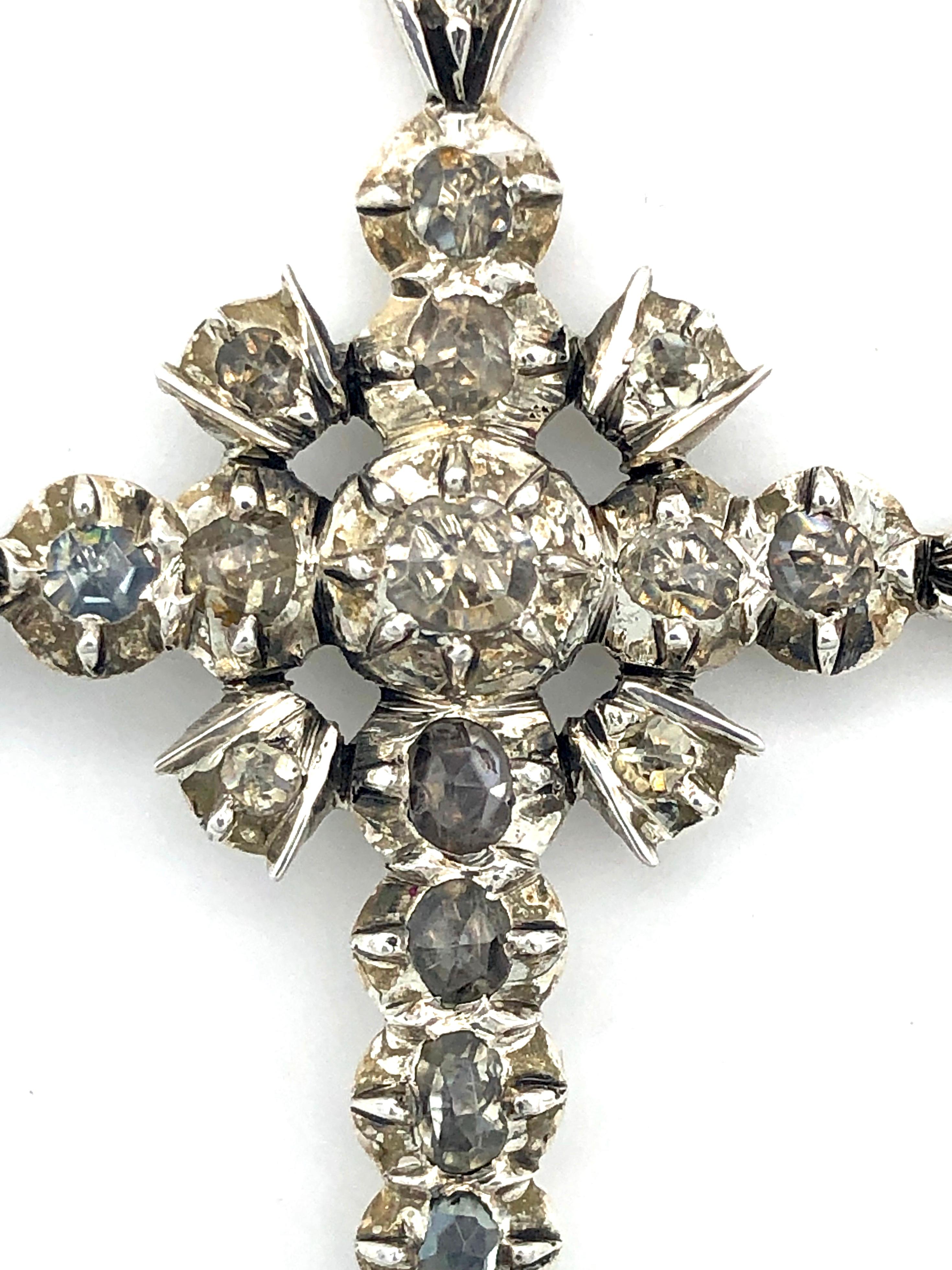 Empire Antique French Provençal Diamond Cross Pendant Silver For Sale