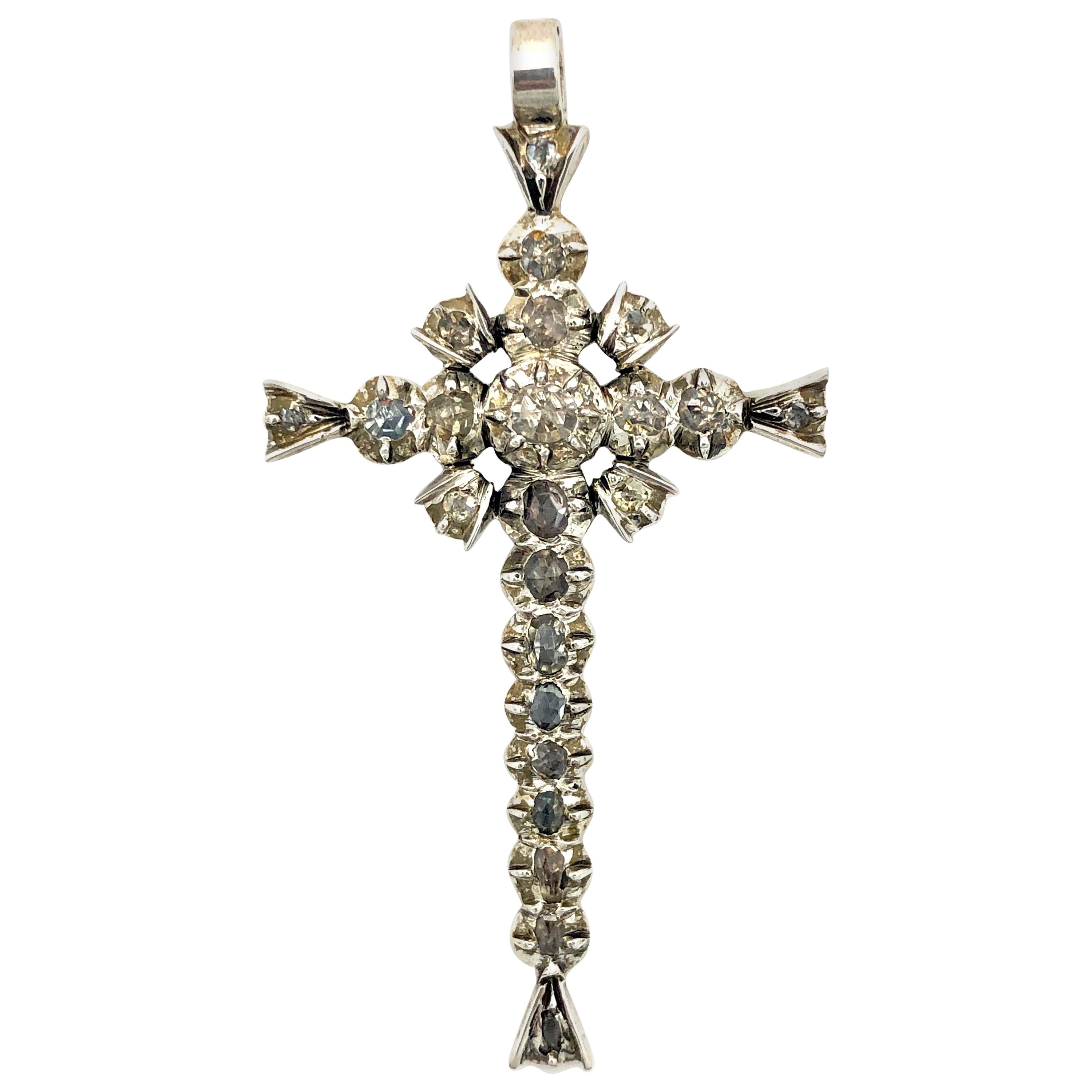 Antique French Provençal Diamond Cross Pendant Silver