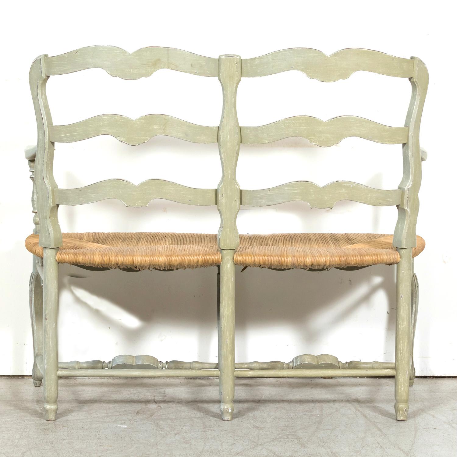 Antique French Provençal Louis XV Style Painted Settee or Radassier W/ Rush Seat For Sale 13