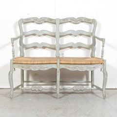 Antique French Provençal Louis XV Style Painted Settee or Radassier W/ Rush Seat