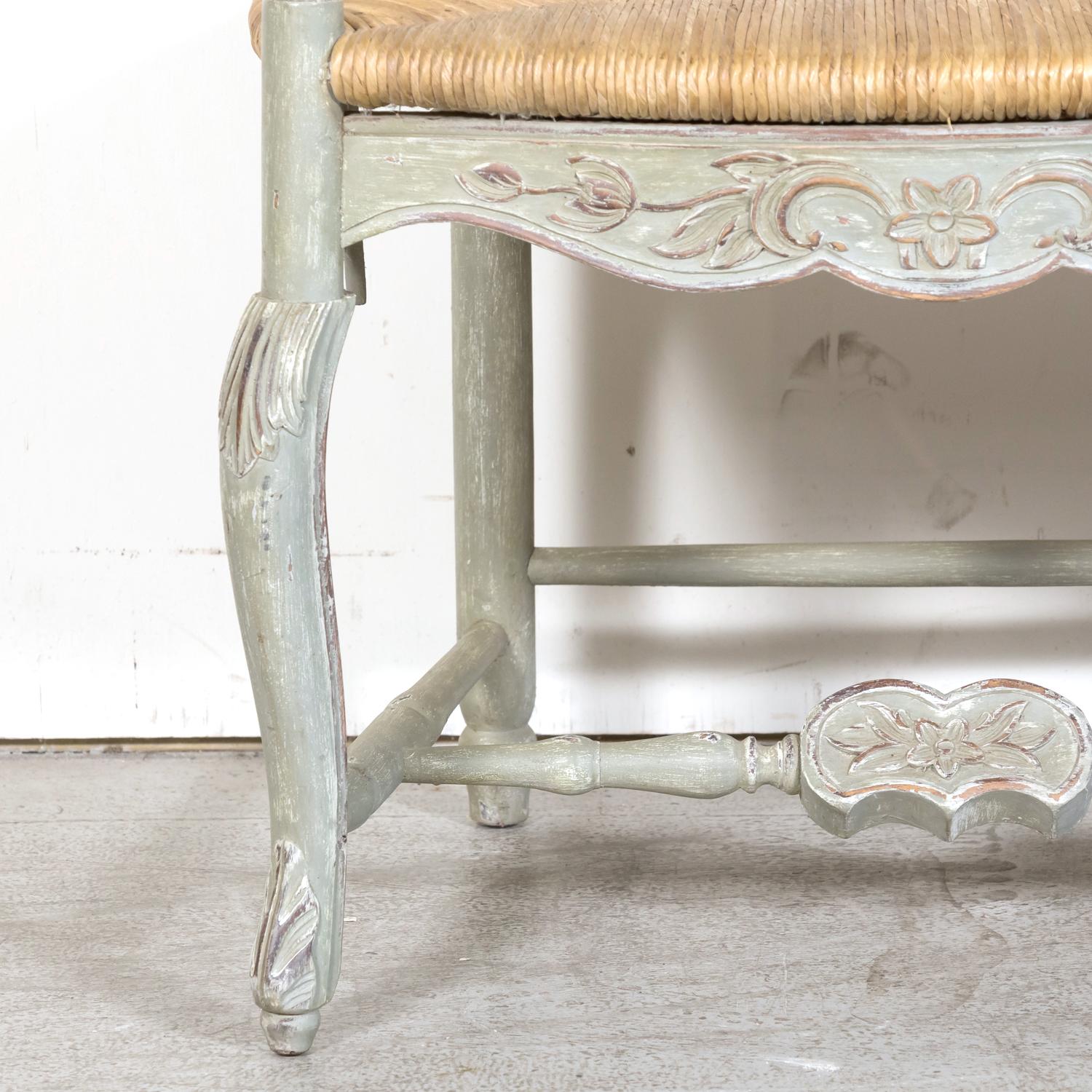 Early 20th Century Antique French Provençal Louis XV Style Painted Settee or Radassier W/ Rush Seat For Sale
