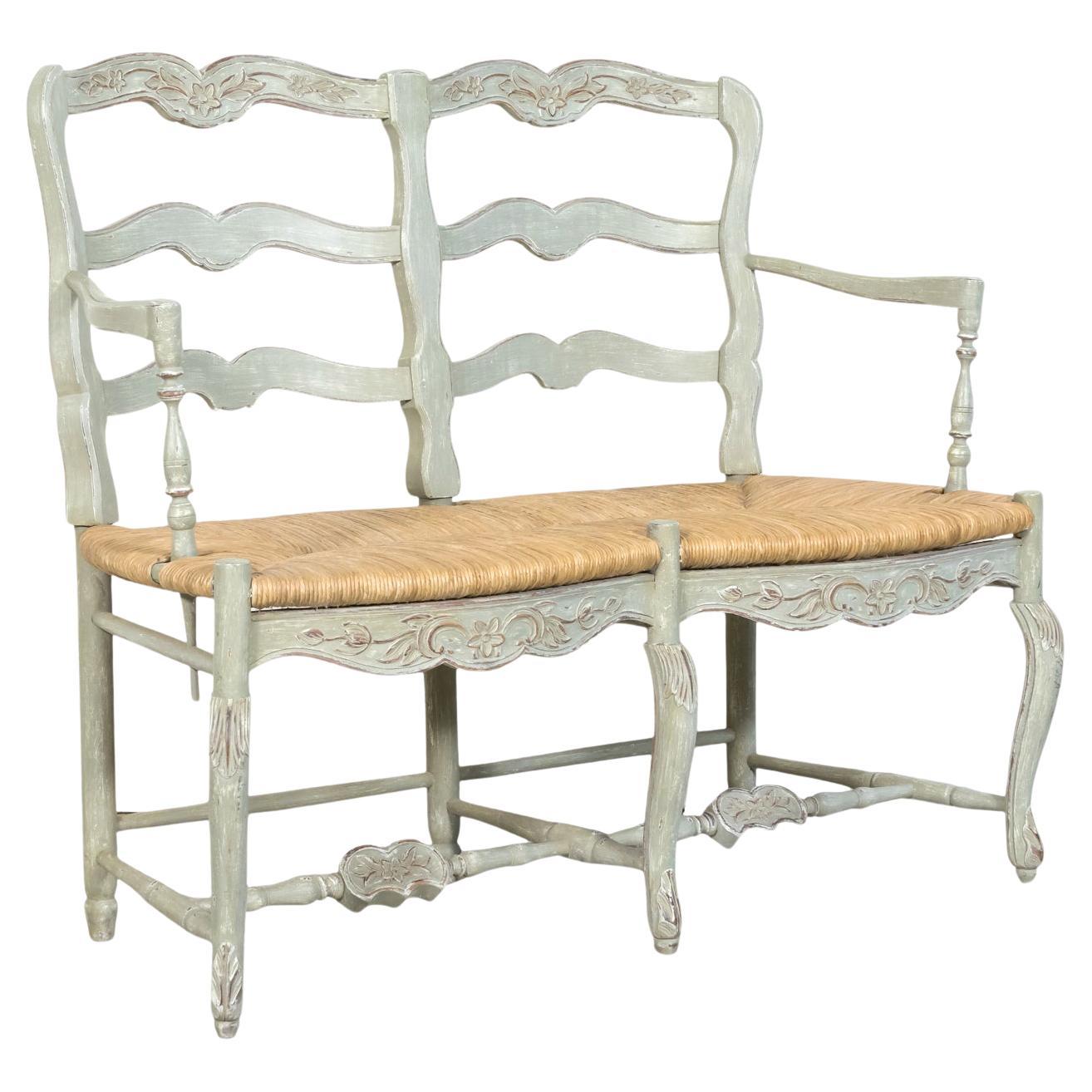 Antique French Provençal Louis XV Style Painted Settee or Radassier W/ Rush Seat For Sale