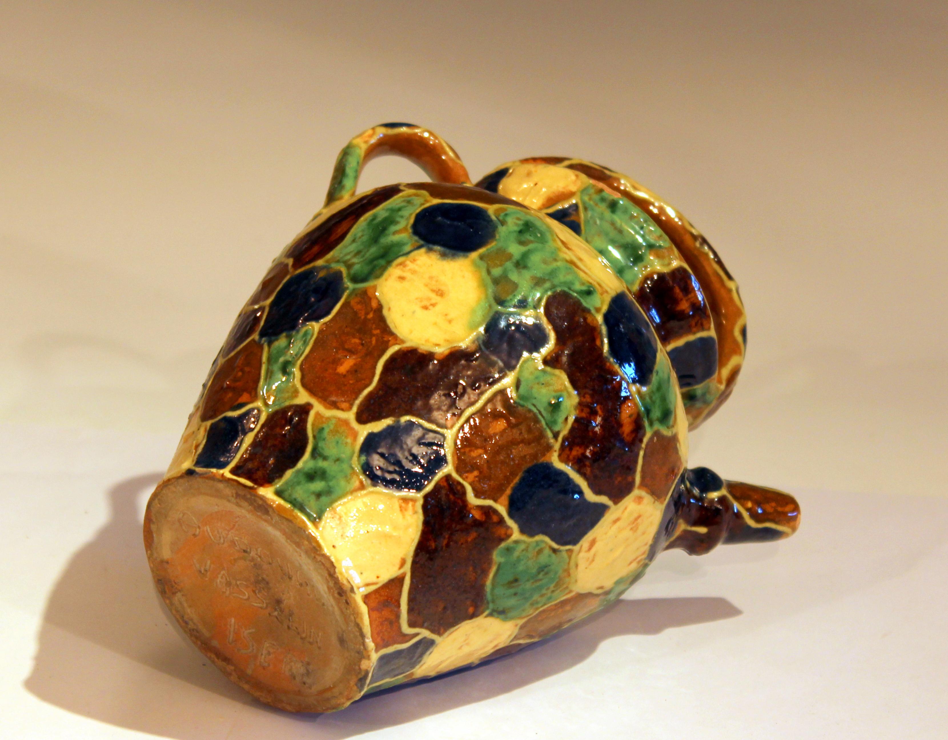 Tourné Antique French Provence Country Pottery Irese Signed Vase Confit Pot Jug en vente
