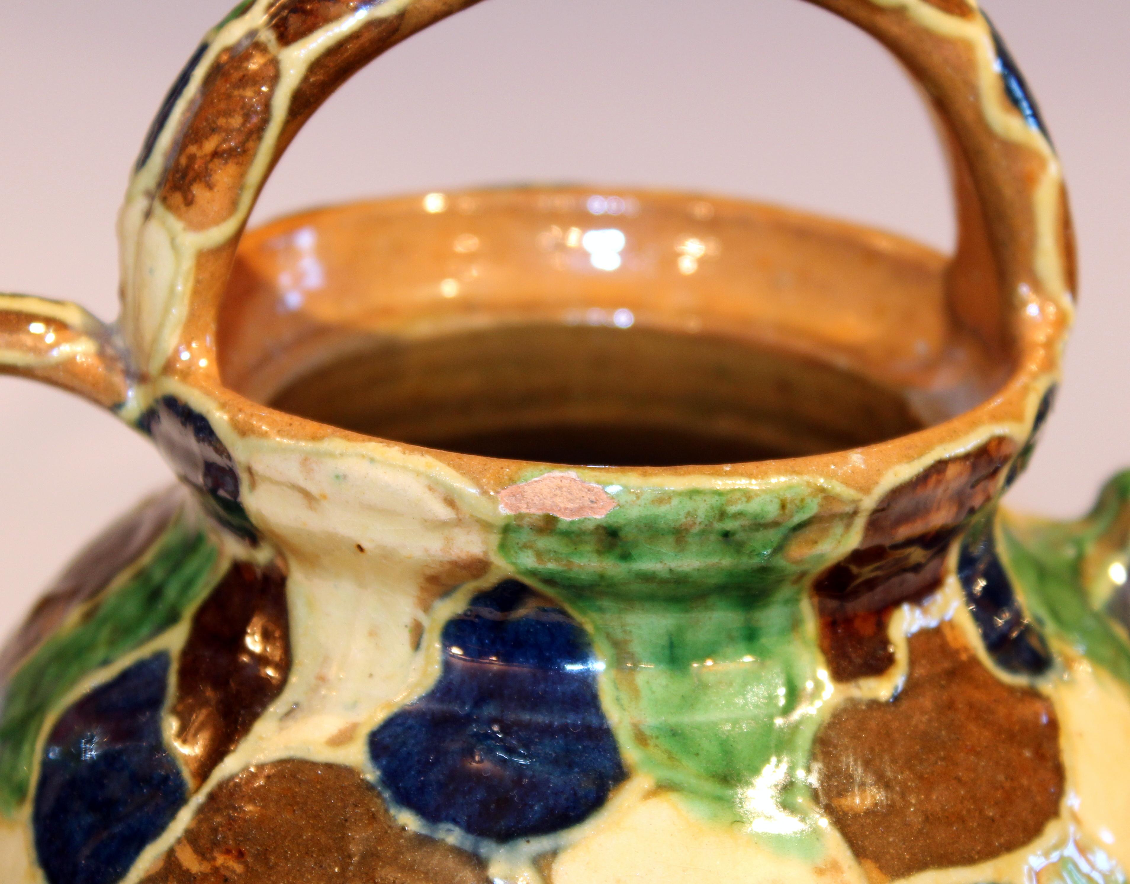 20ième siècle Antique French Provence Country Pottery Irese Signed Vase Confit Pot Jug en vente