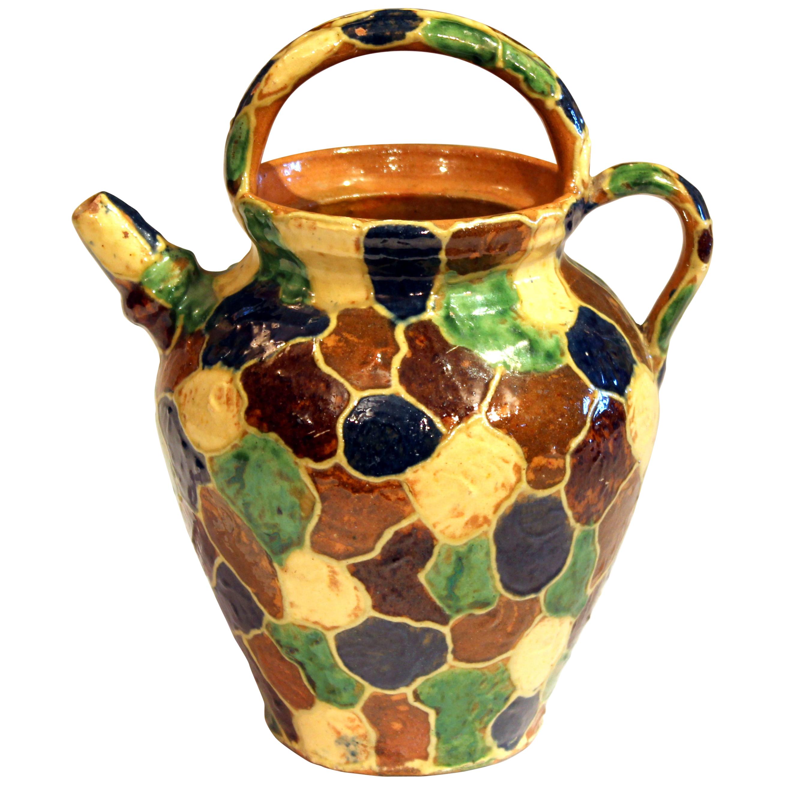 Antique French Provence Country Pottery Irese Signed Vase Confit Pot Jug en vente