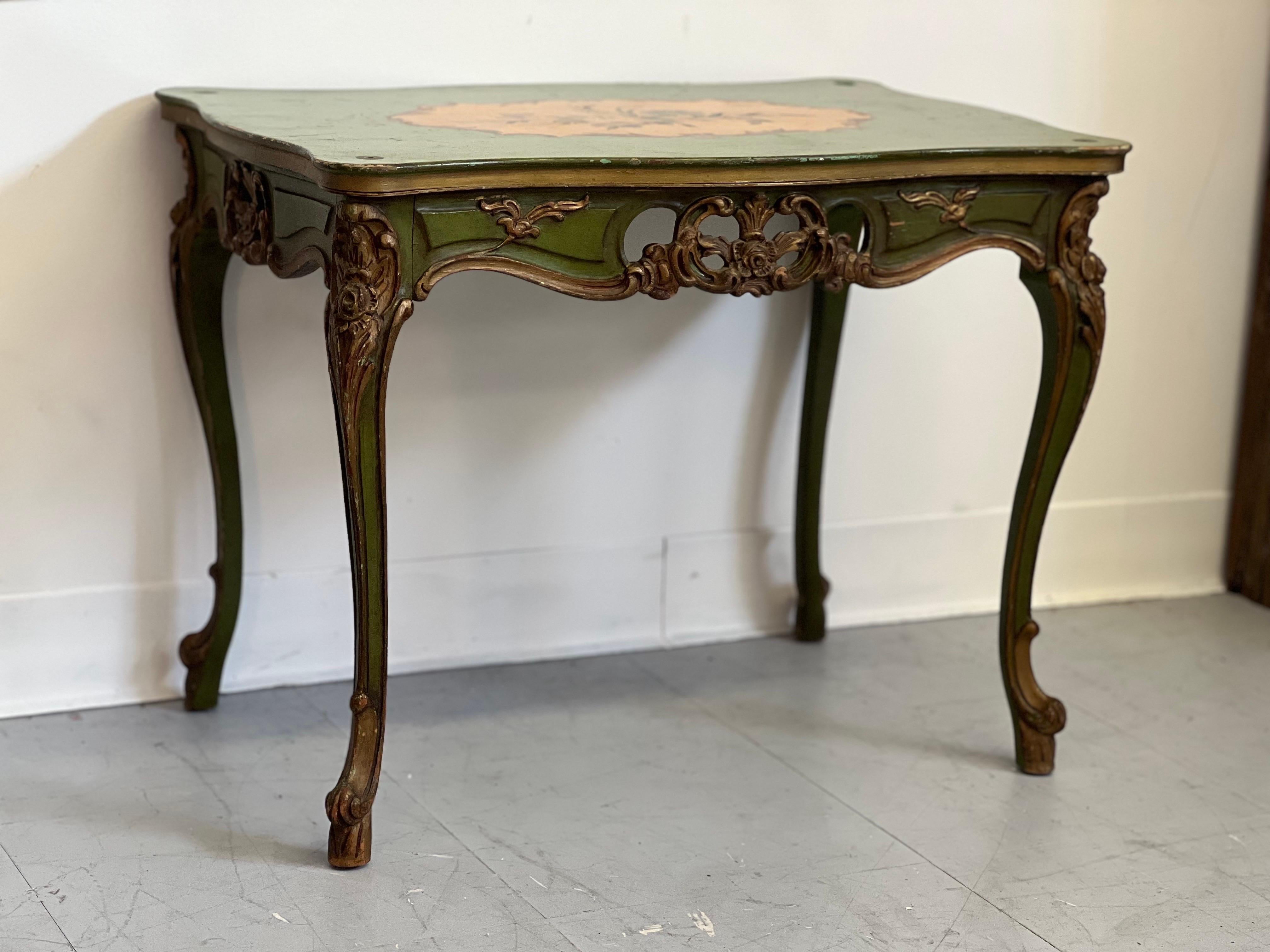 Wood Antique French Provincial Accent Table with Hand Painted Details. Made In Italy. For Sale