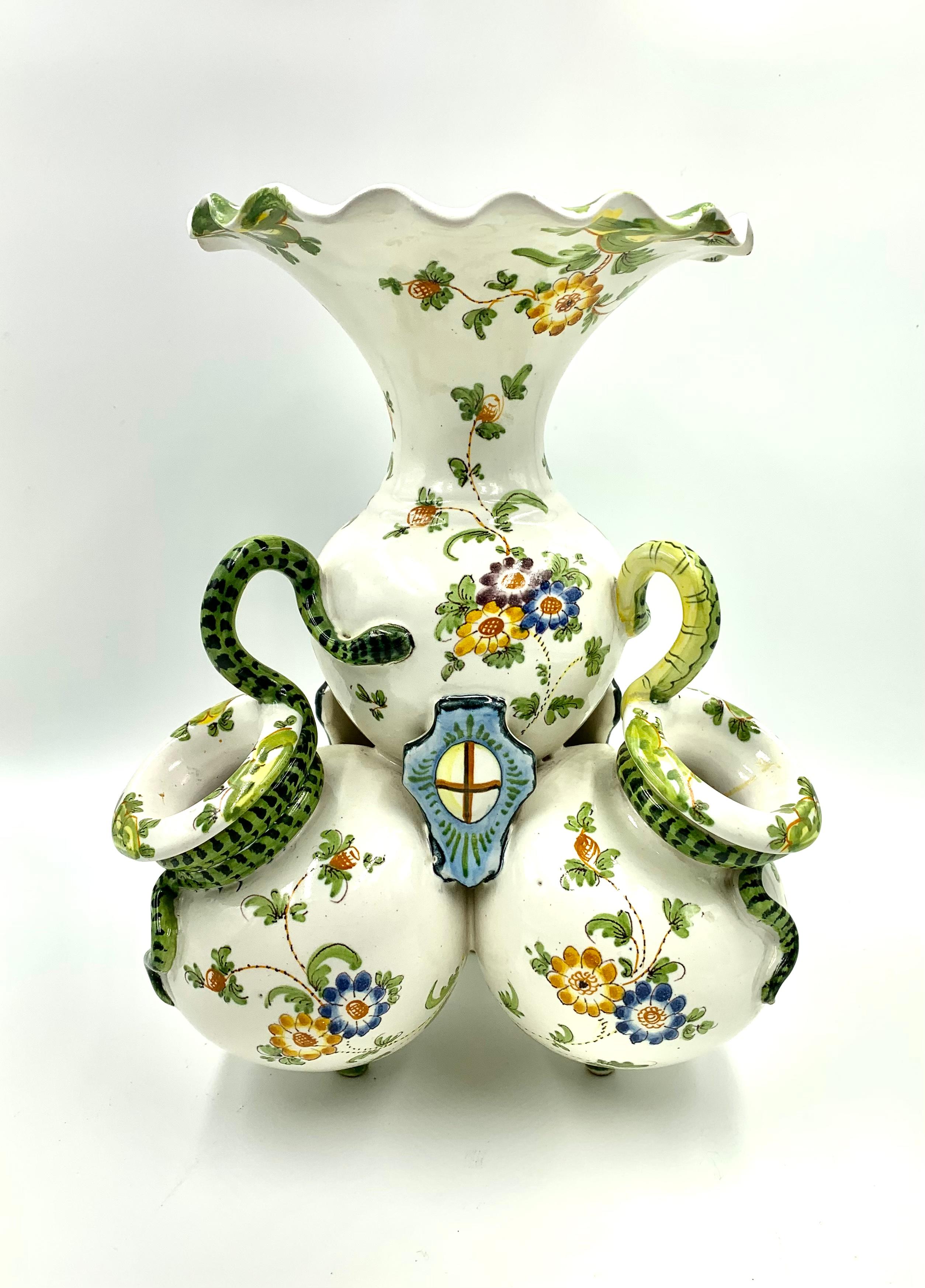 Antique French Provincial Armorial Snake Handled Faience Bough Pot Vase For Sale 5