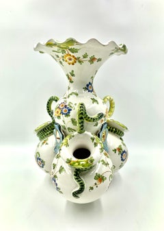 Antique French Provincial Armorial Snake Handled Faience Bough Pot Vase