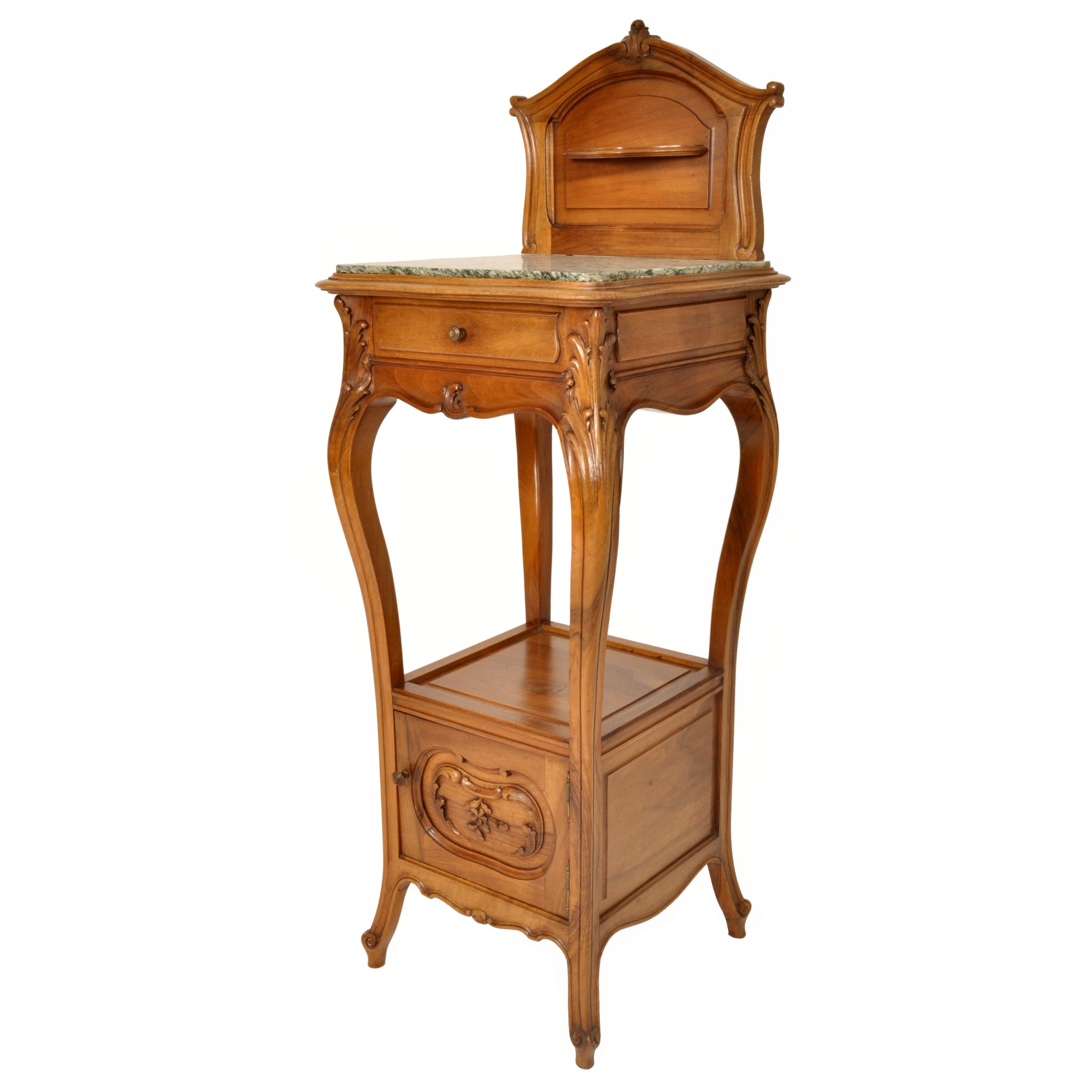 Carved Antique French Provincial Art Nouveau Walnut & Marble Nightstand Side Table 1900