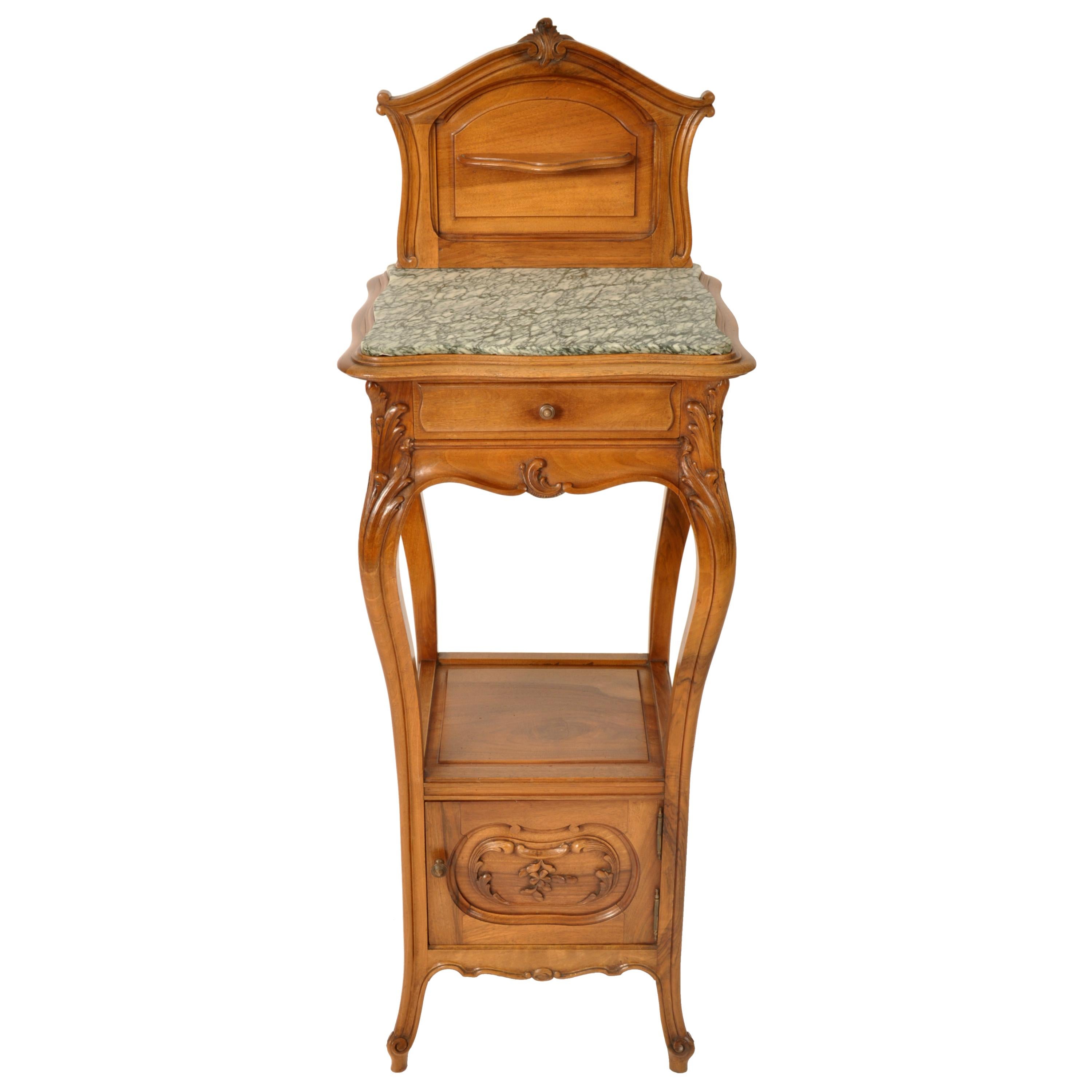 Antique French Provincial Art Nouveau Walnut & Marble Nightstand Side Table 1900 In Good Condition In Portland, OR