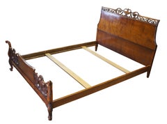 Antique French Provincial Baroque Walnut Floral Acanthus Urn Crown Full Bed