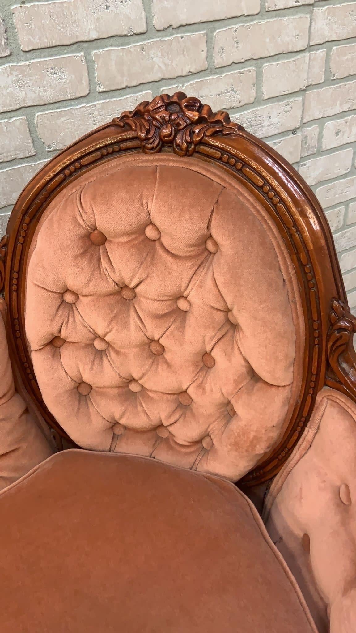 Upholstery Antique French Provincial Bird Motif Mahogany Setee in Original Blush Velvet For Sale