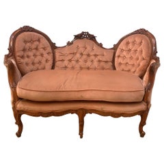 Antique French Provincial Bird Motif Mahogany Setee in Original Blush Velvet