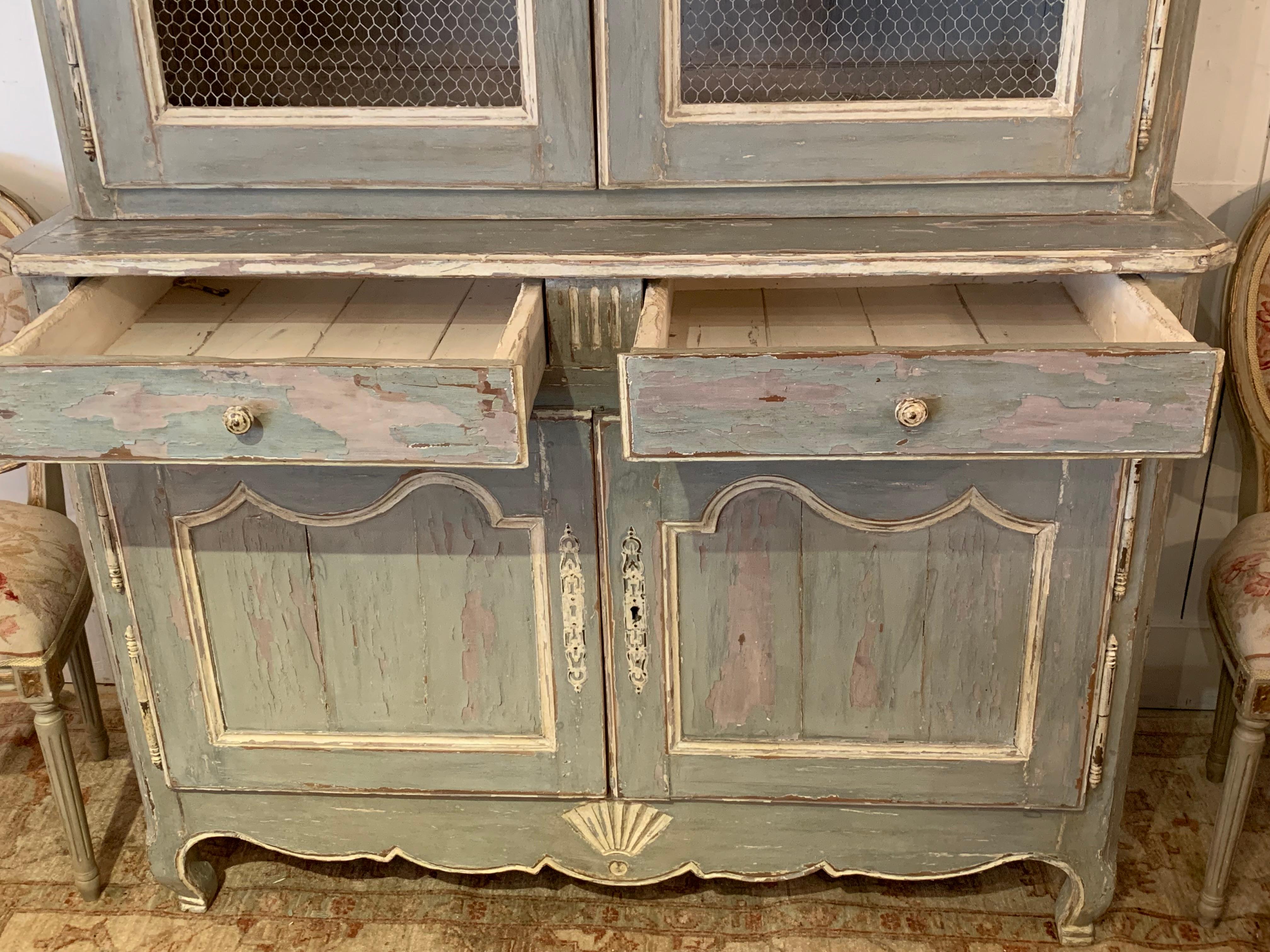 Antique French Provincial Buffet Deux Corps Grillage Cupboard Cabinet In Distressed Condition In Hopewell, NJ