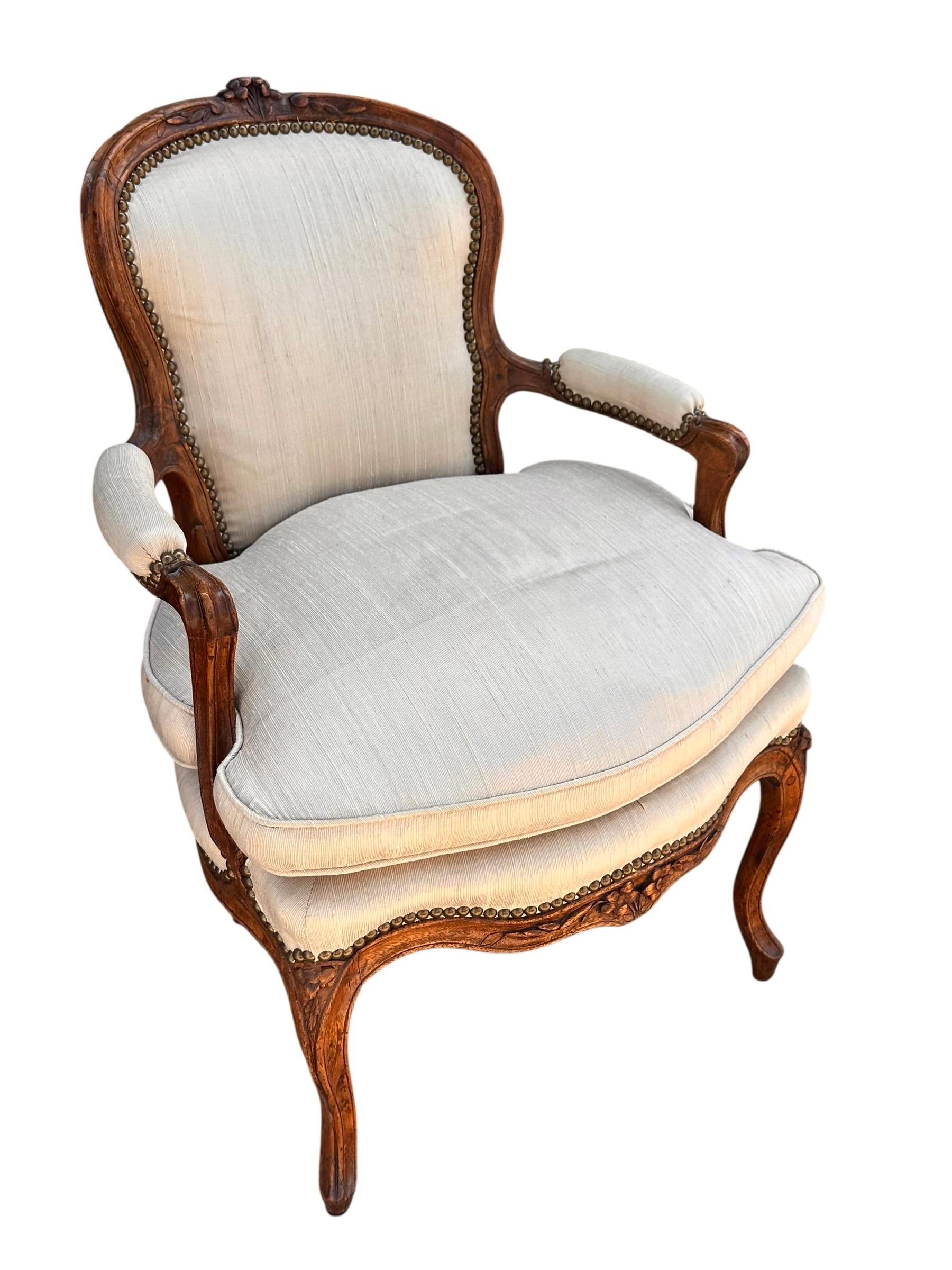 Antique French Provincial Carved Mahogany Fauteuil Arm Chair, 18th Century In Good Condition In LOS ANGELES, CA
