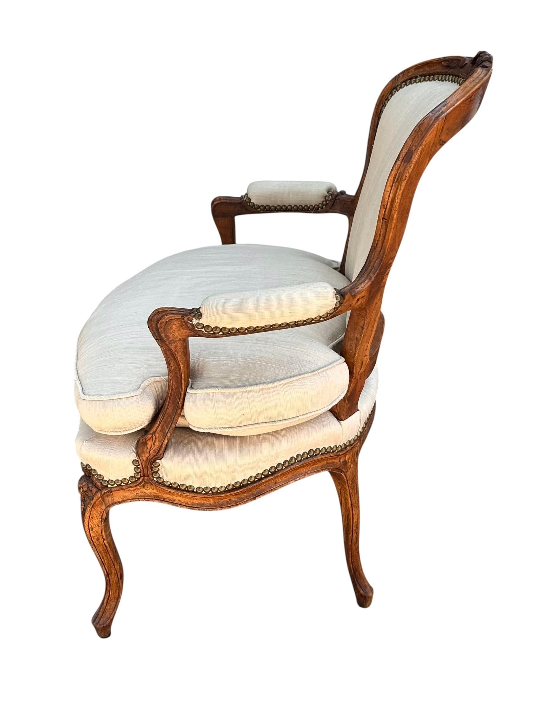 Cotton Antique French Provincial Carved Mahogany Fauteuil Arm Chair, 18th Century